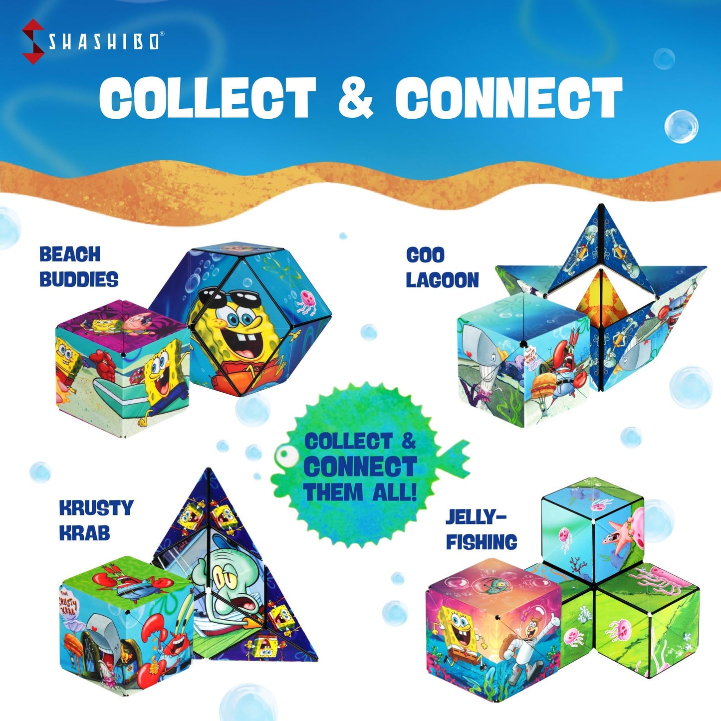 SHASHIBO Spongebob Squarepants Shape Shifting Magnetic Fidget Cube – STEM Toy That Transforms into 70+ Shapes, Beach Buddies Edition