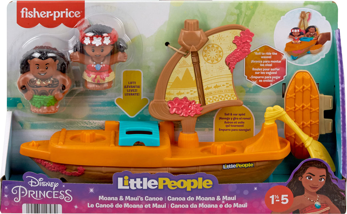 Fisher-Price Little People Toddler Toy Disney Princess Moana & Maui’s Canoe Sail Boat with Figures for Pretend Play Ages 18+ Months