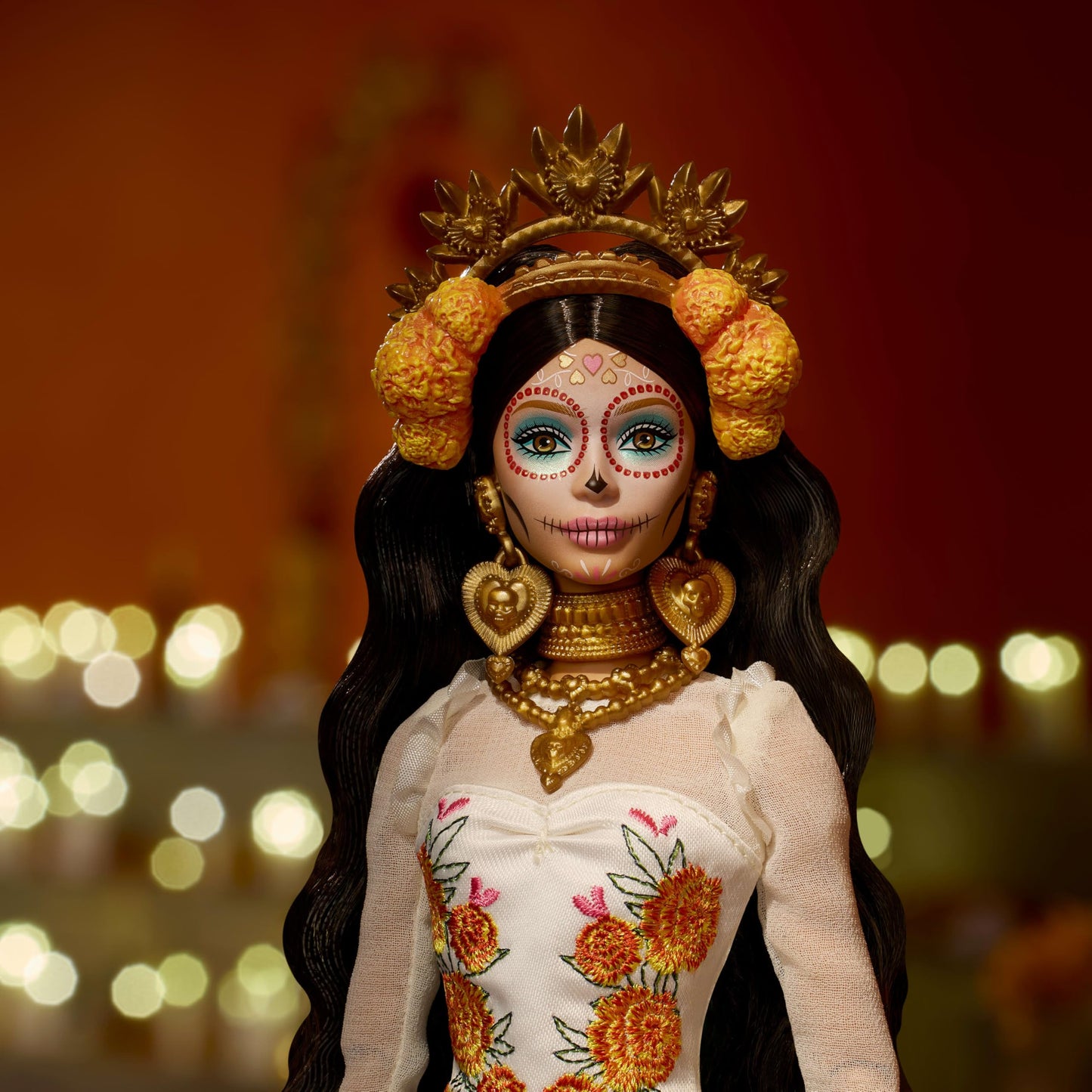 Barbie Signature Doll, Día De Muertos 2025 Collectible in Ruffled Cream Gown Trimmed with Marigolds and Ribbon, Flower Crown and Calavera Face Paint
