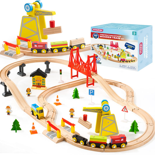60PCS Wooden Train Set - Construction Express Railway with Magnetic Crane, Trains & Accessories, Fun Birthday & Christmas Gift for Kids 2-8