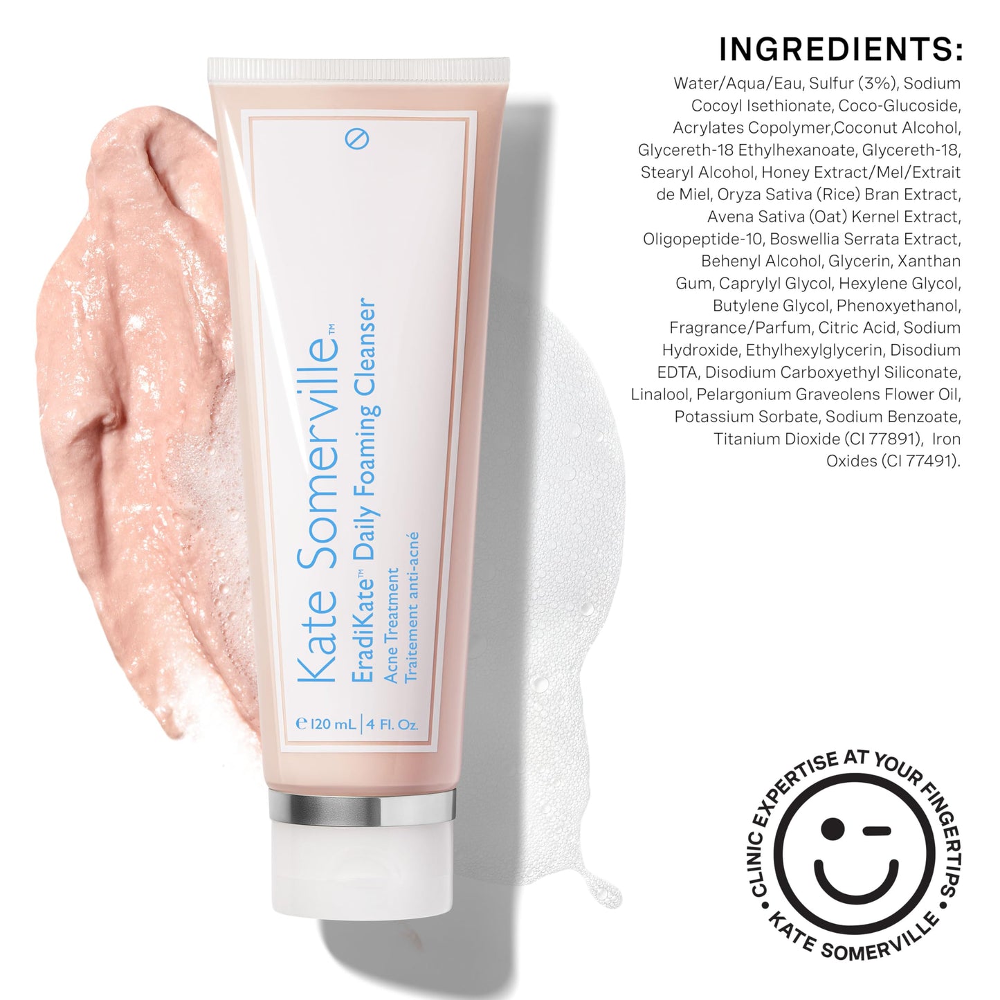 Kate Somerville EradiKate 3% Sulfur Foaming Cleanser – Daily Medicated Acne Face Wash, Balances Skin & Cleans Pores, 4 fl oz