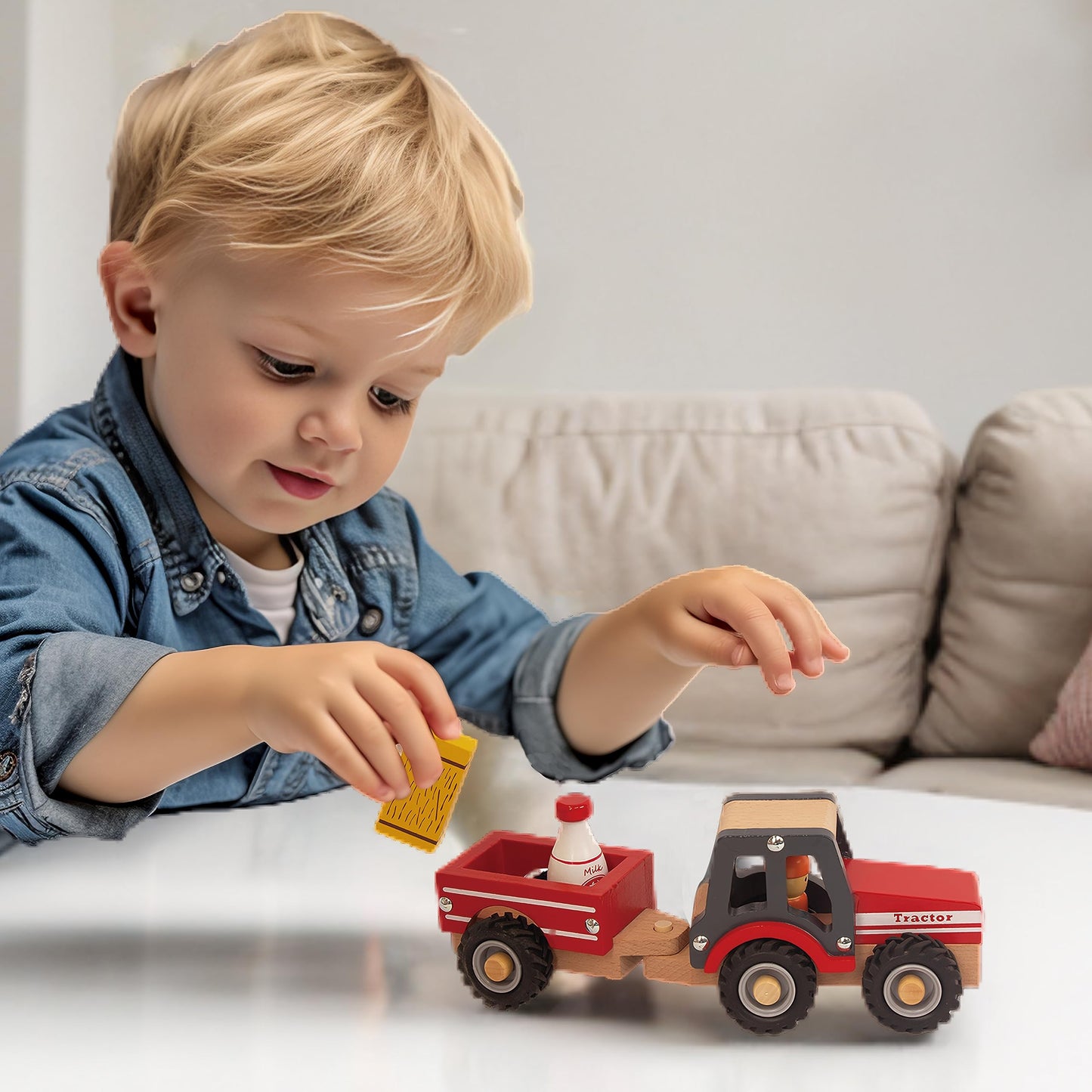 WoodenEdu Wooden Tractor Toys for Toddlers 1-3, Baby Vehicle Toys Hand Push Car Toys for 1 2 3 Year Old Boys Girls (Red)