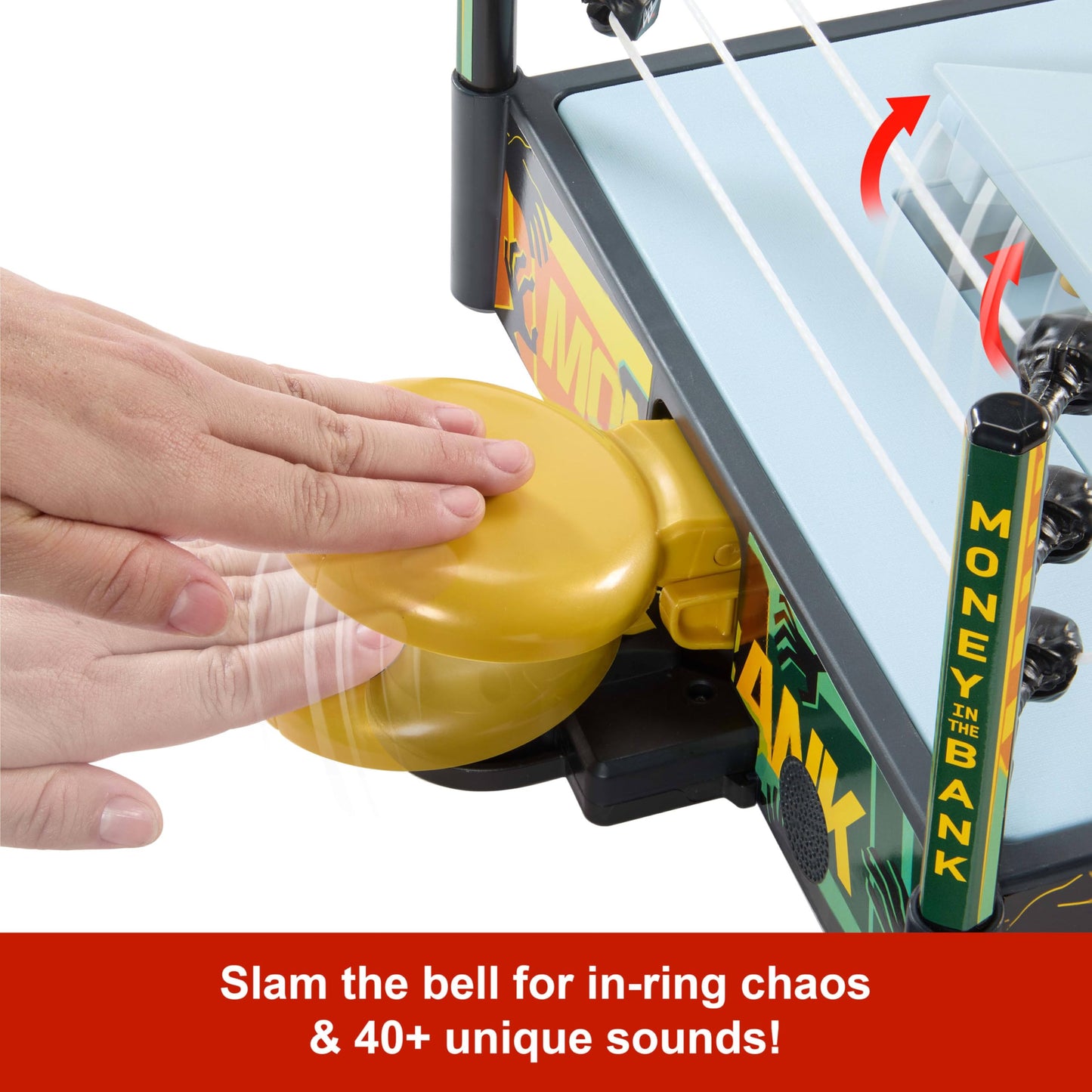 Mattel WWE Money in The Bank Cash-in Ring Playset with 2 Modes, 40+ Sounds & Phrases, Ladders, Briefcase & Launcher Crane, 13"x20"