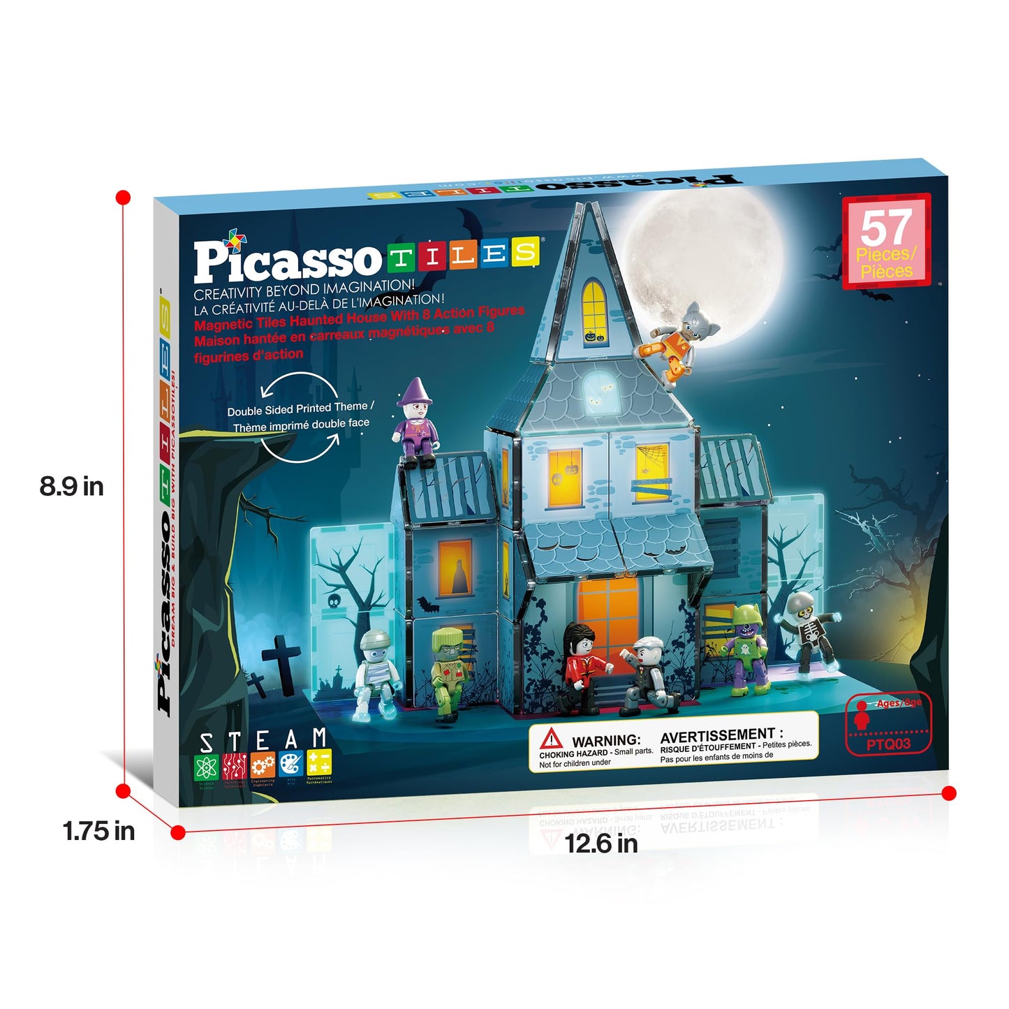 PicassoTiles Haunted House Magnetic Building Set with 8 Figures, Double-Sided Tiles, STEM Learning Toy for Kids 3+, Halloween Playset