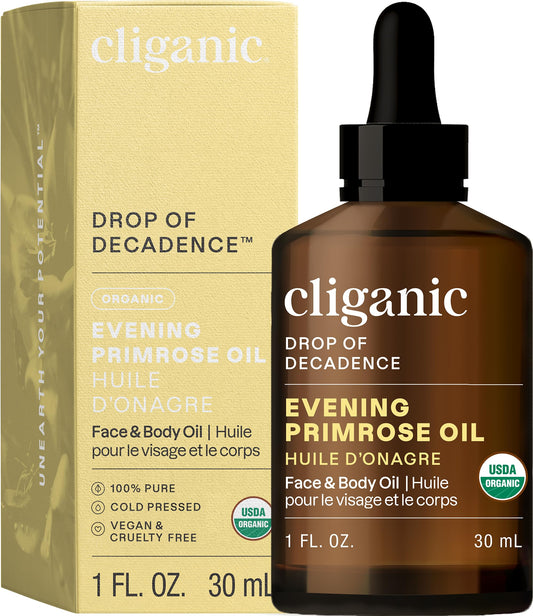 Cliganic Organic Evening Primrose Oil, 100% Pure (1oz) - For Hair & Face | Natural Cold Pressed Unrefined (Packaging May Vary)