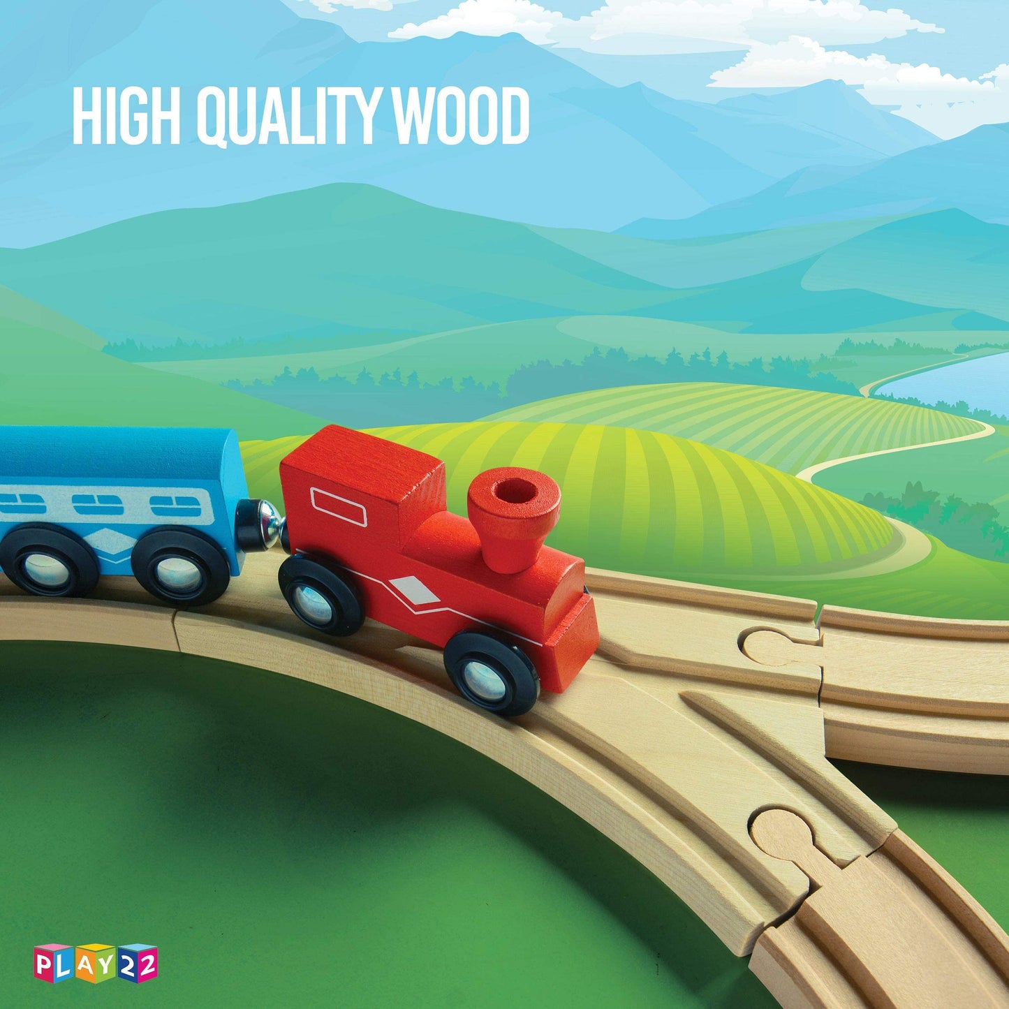 Play22 Wooden Train Tracks Set – 52 Pieces with 2 Bonus Trains, Compatible with Thomas & All Major Brands, Kids Railway Playset