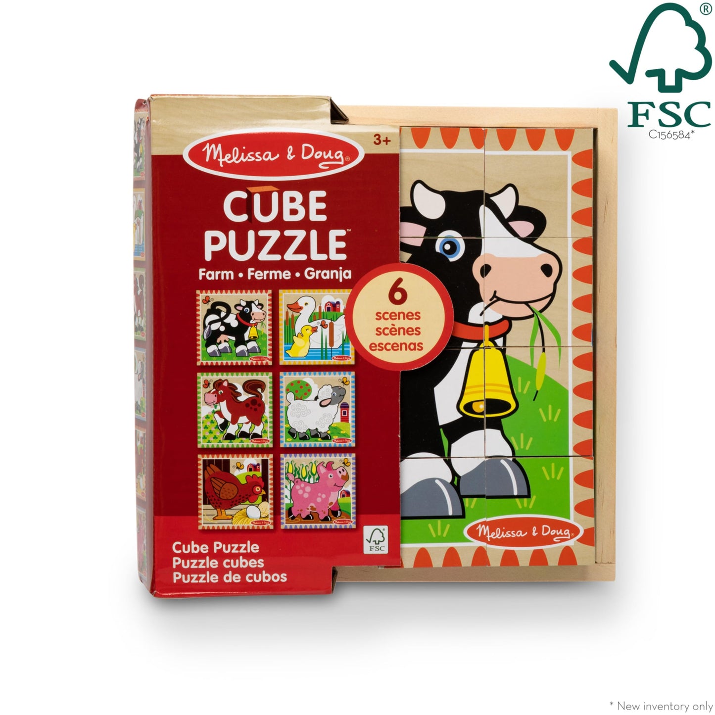 Melissa & Doug Farm Wooden Cube Puzzle with Storage Tray – 6-in-1 Animal Puzzle for Toddlers and Preschoolers – 16 Wooden Cubes – Farm Toy for Kids Ages 3+ - FSC Certified