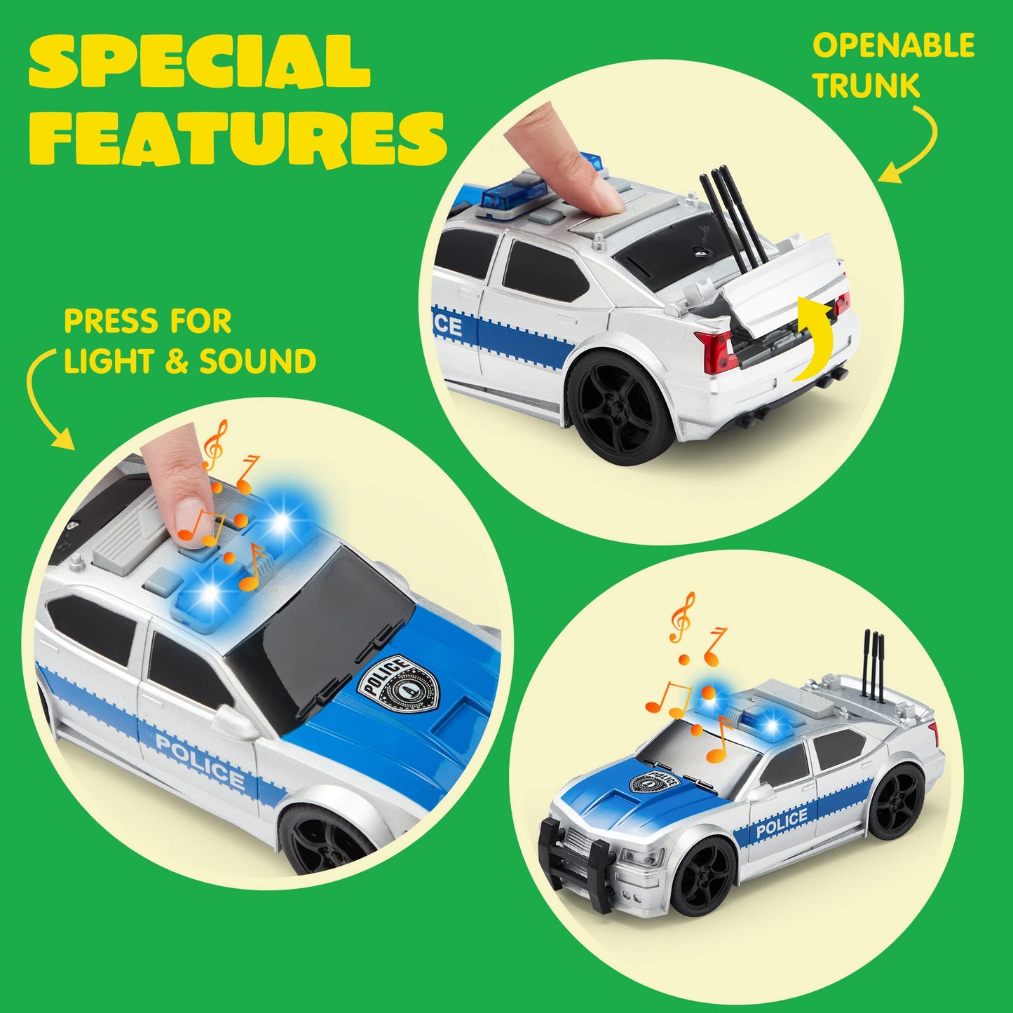 JOYIN 4-Pc 7" Vehicle Toy Set for Toddlers with Lights & Siren – Police Car, School Bus, Garbage Truck, Ambulance – Birthday Gift for Boys 3-5