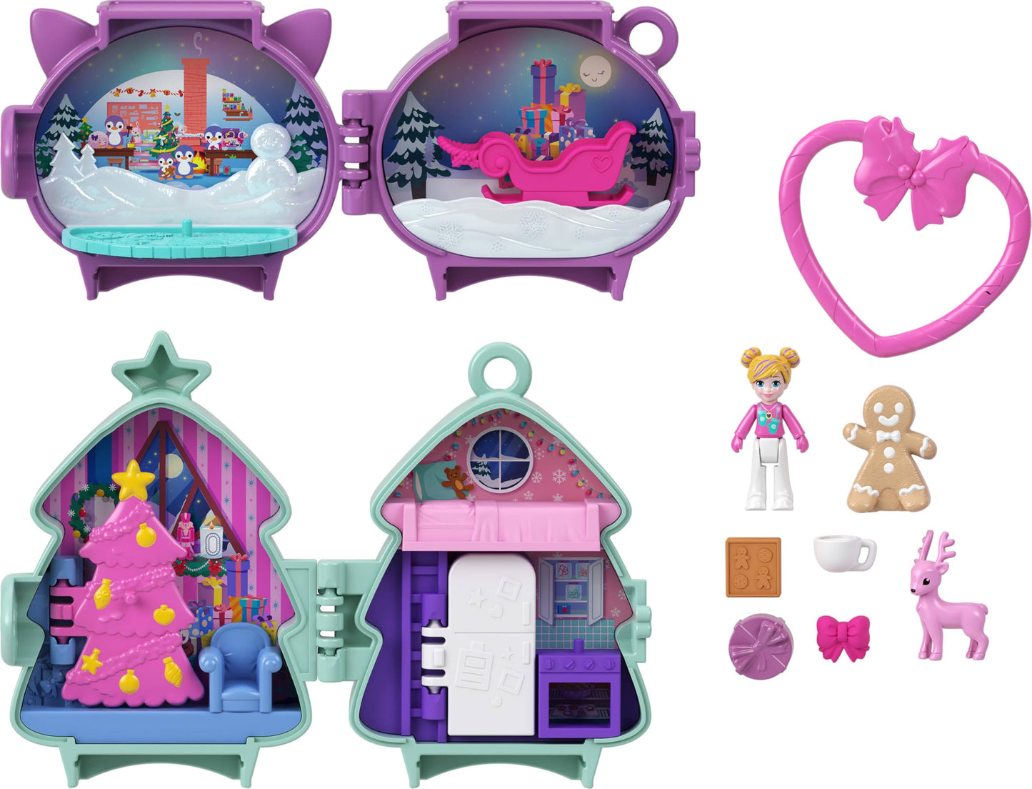 Polly Pocket Mini Toys, Holiday Stackable Compact Playset Bundle with Micro Doll, Accessories, Pet Animal, Travel Toy with Clip