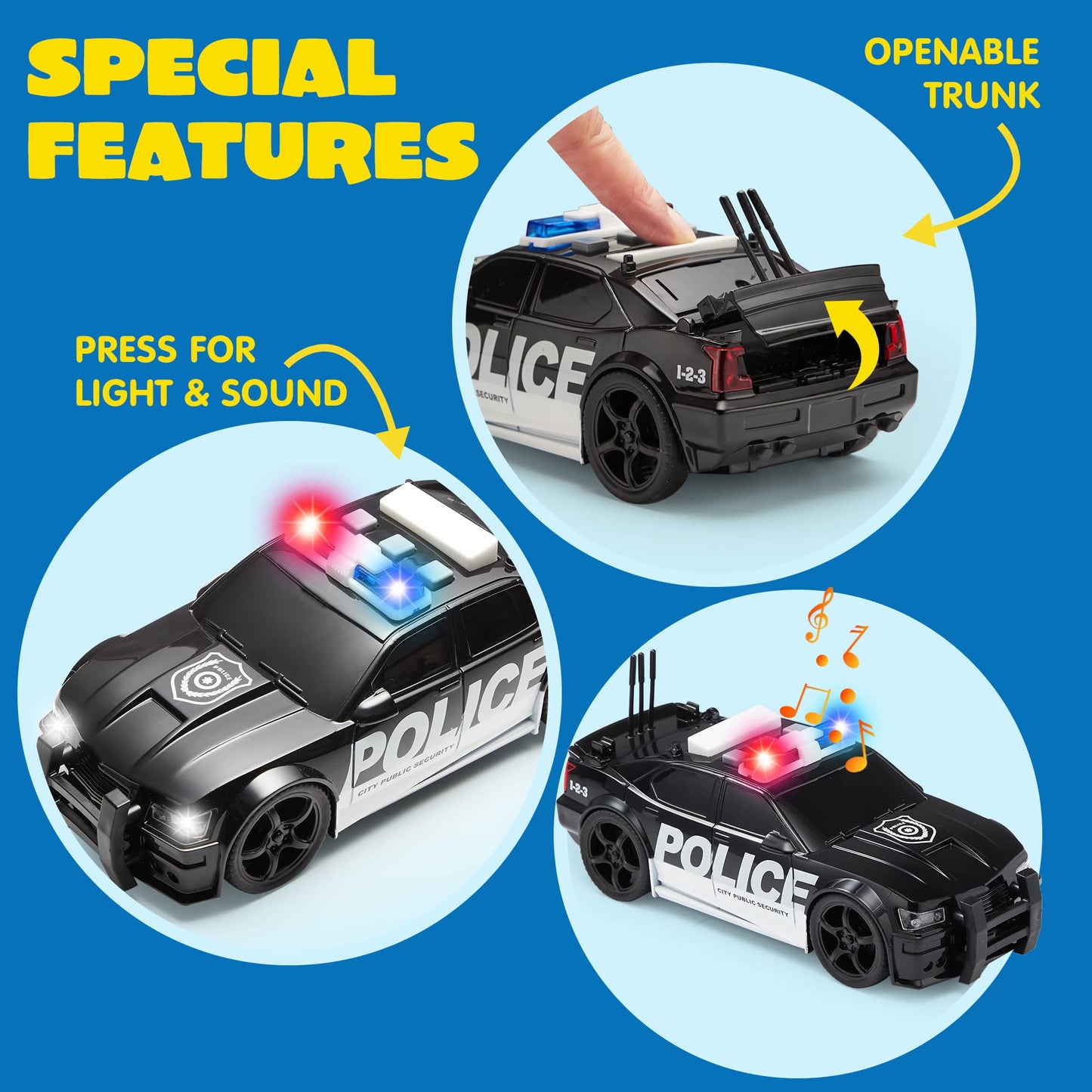 JOYIN 4-Pack Emergency Vehicle Toys, Friction Powered Fire Truck, Ambulance, Police Car & Helicopter with Lights & Sounds, Kids Gift
