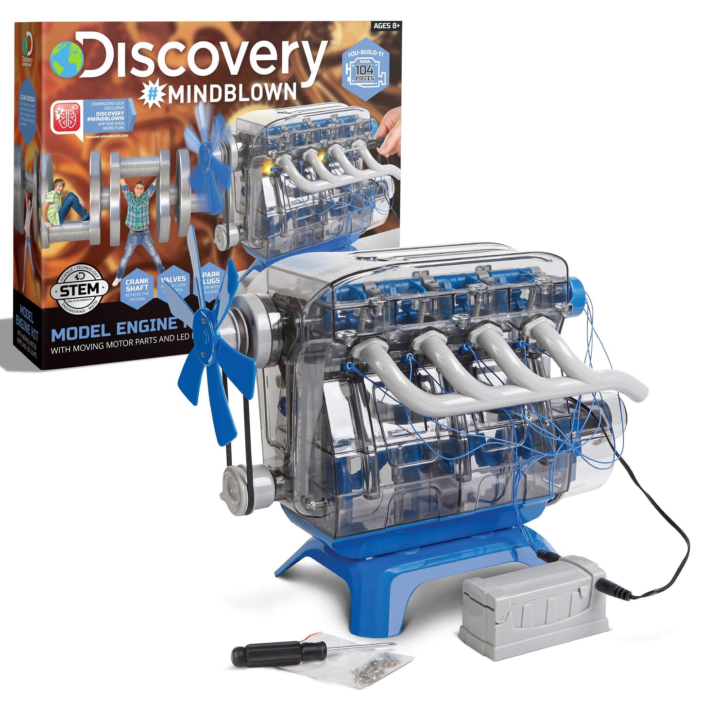 Discovery DIY 4-Cylinder Engine Kit – Working Pistons, Valves, Belts & LED Lights, STEM Mechanics Experiment Set for Kids & Adults