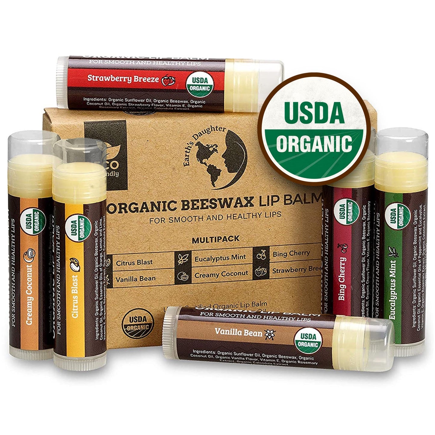Earth's Daughter USDA Organic Lip Balm 6-Pack – Fruit Flavors with Beeswax, Coconut Oil & Vitamin E – Moisturizing Repair for Dry Lips