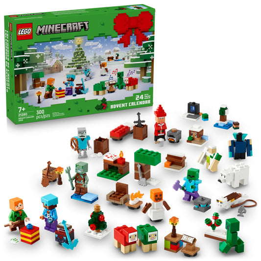 LEGO Minecraft 2025 Advent Calendar - 24 Buildable Surprises, 8 Minifigures, Holiday Countdown Set for Kids 7+, Christmas Gift - 21280