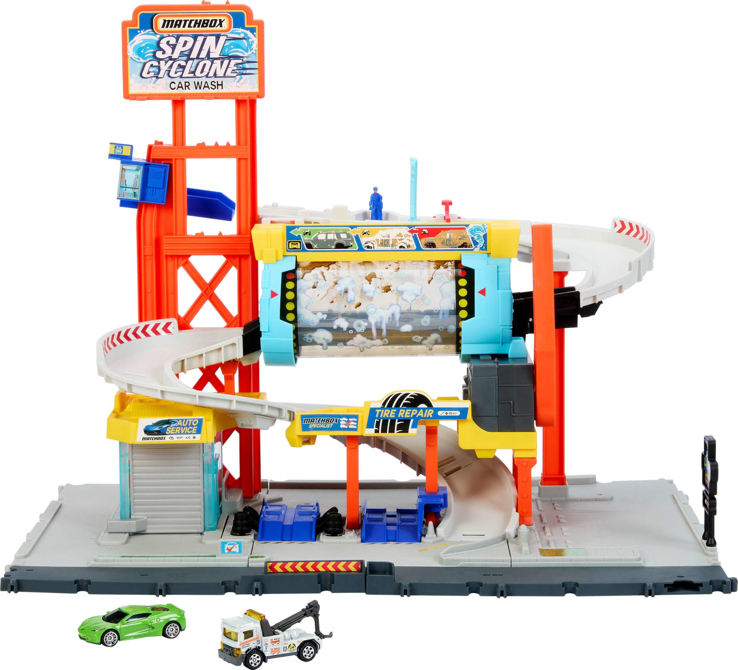 Matchbox Toy Car Track Set, Spin Cyclone Car Wash Playset with 1:64 Scale Corvette & Tow Truck, Features Spinning Wash Tunnel, Tune-Up Shop & Parking