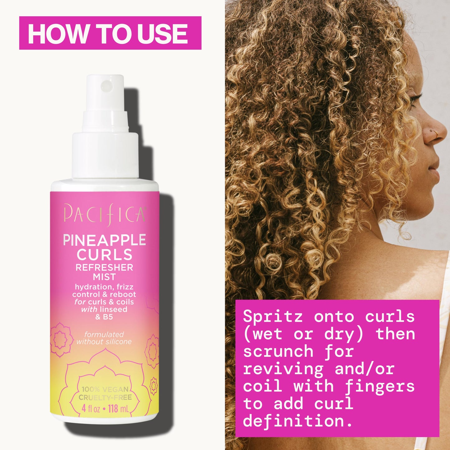 Pacifica Pineapple Curls Refresher Mist - Curl Spray with Hyaluronic Acid, Vitamin B5 & Plant Oils - Vegan, Dermatologist Tested - 4 Fl Oz
