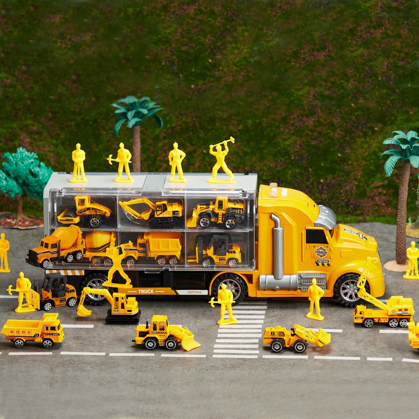 JOYIN 25-in-1 Kids Construction Truck Toy Set – 24 Push & Go Cars, Worker Figures, Sounds & Lights, Birthday Gift for Boys 3-7 Years