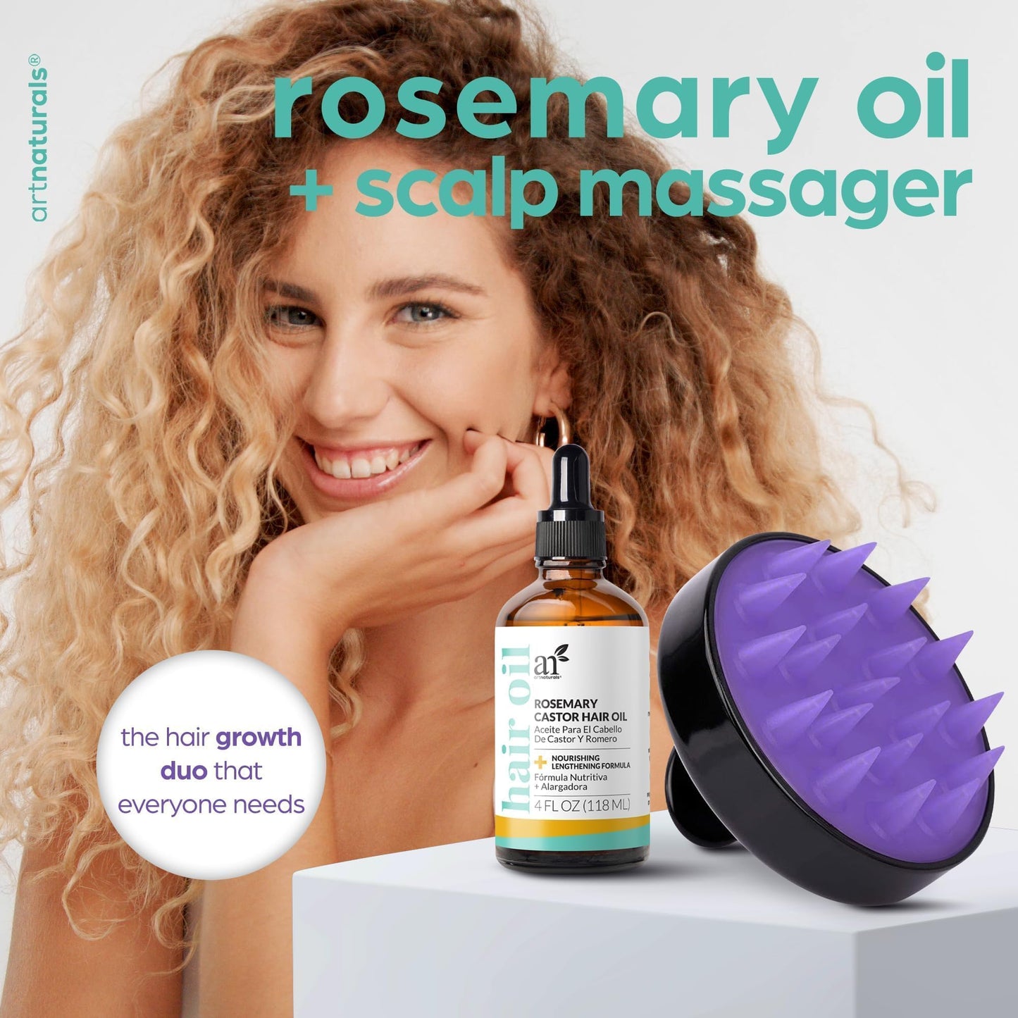 ArtNaturals Rosemary & Castor Hair Growth Oil + Scalp Massager Set | Hydrating Scalp Treatment for Dry, Itchy, Damaged Hair & Split Ends – 4 oz