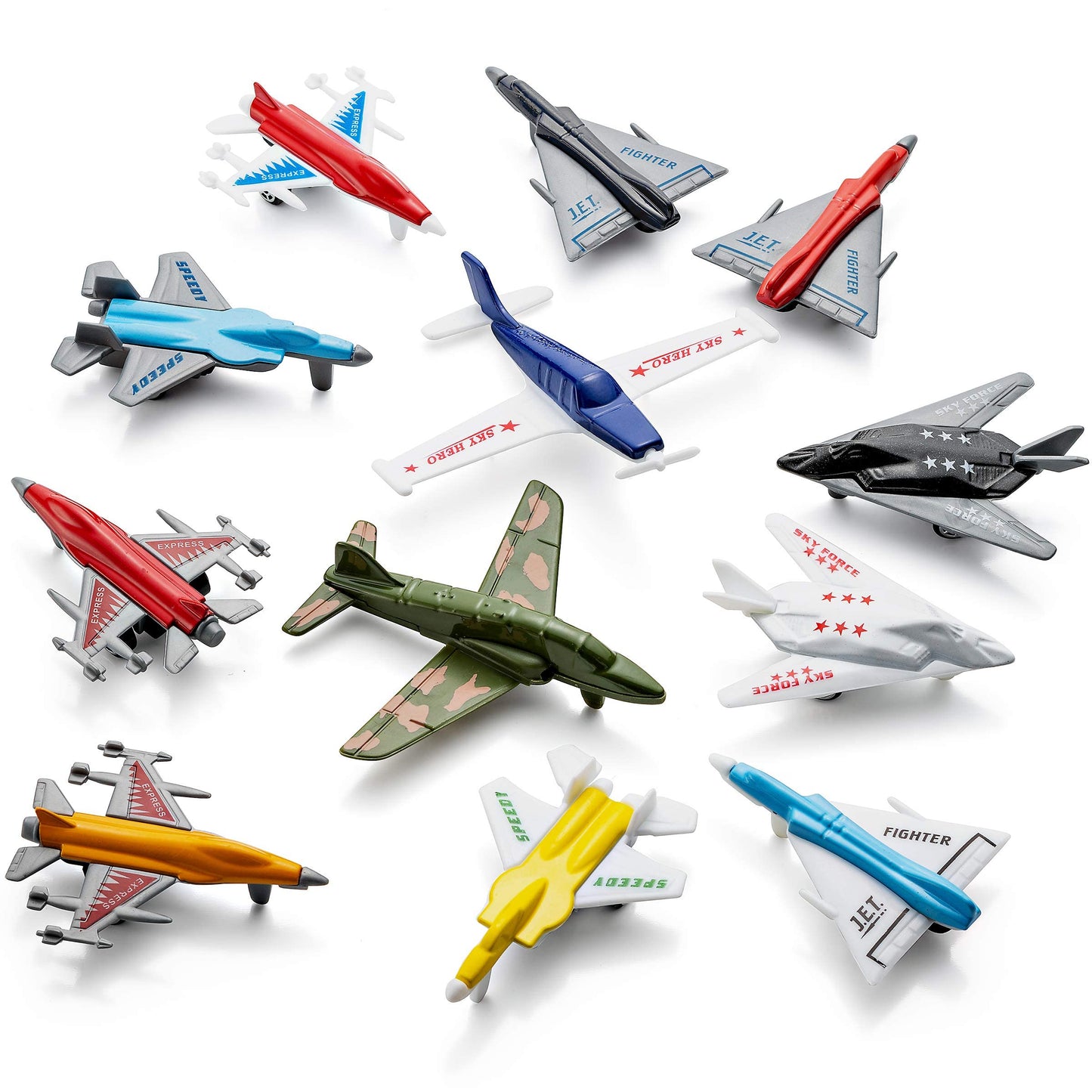 Airplane Toys 12-Pack Playset – Bomber, Military & F-16 Fighter Jets, Birthday Party Favors for Kids Boys & Girls (Styles May Vary)