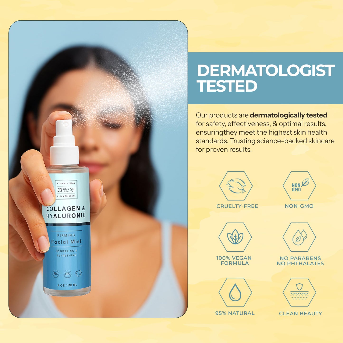 Clear Beauty Hyaluronic Acid & Collagen Face Mist – Moisturizes, Tones & Anti-Aging, 95% Natural, Cruelty-Free, All Skin Types, 4 oz