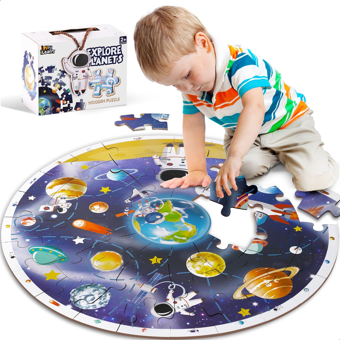 iPlay, iLearn Floor Puzzles for Kids Ages 3-6, Jigsaw Puzzle for kids Ages 4-8, Toddler Large Wooden Learning Toy, Educational Round Planets, Solar System Birthday Gift for 5-7 Year Old Boy Girl Child