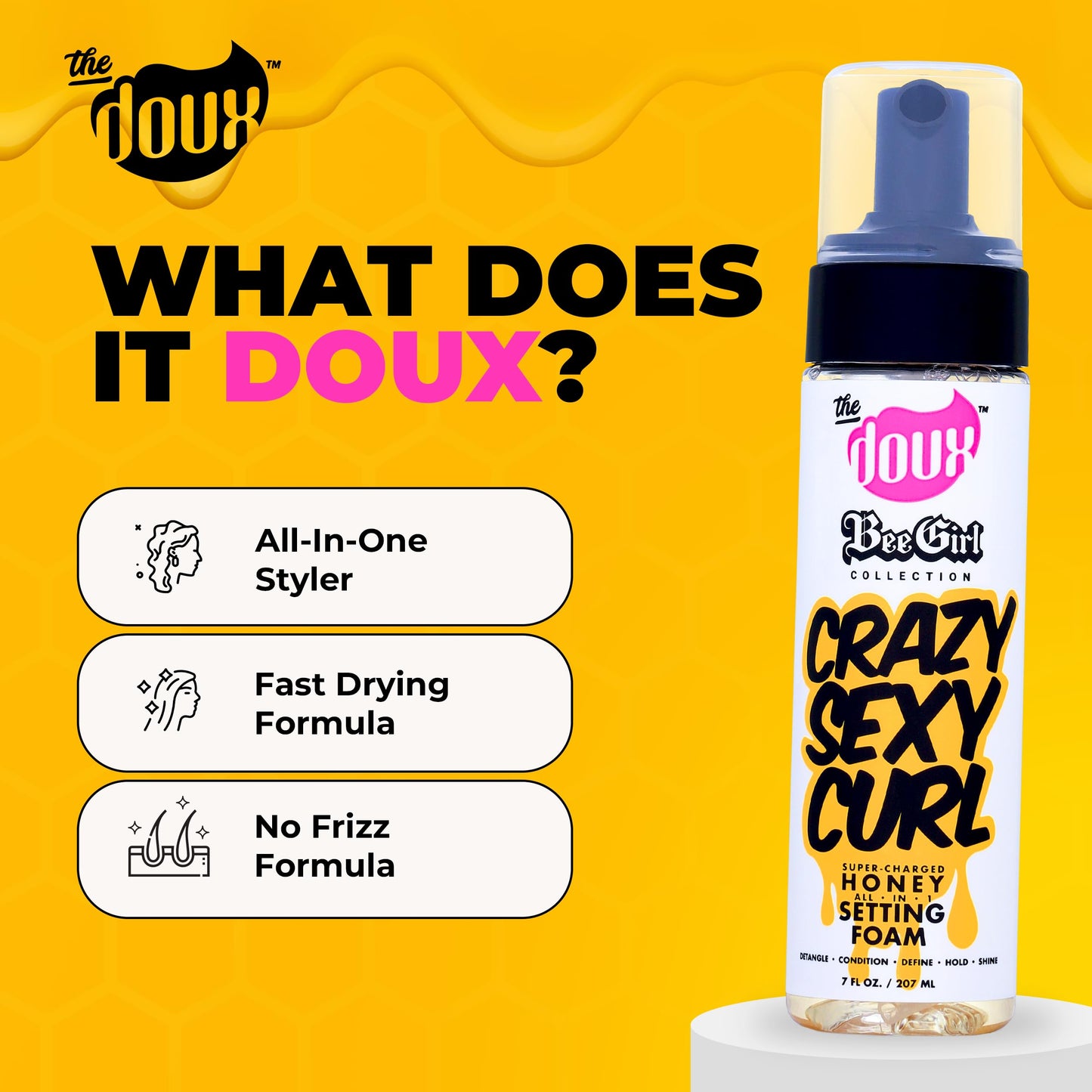 The Doux CRAZYSEXYCURL Honey Foam Curl Cream & Mousse – Heatless Curls, Frizz Control, Shine & Moisture with Aloe & Silk Amino Acids