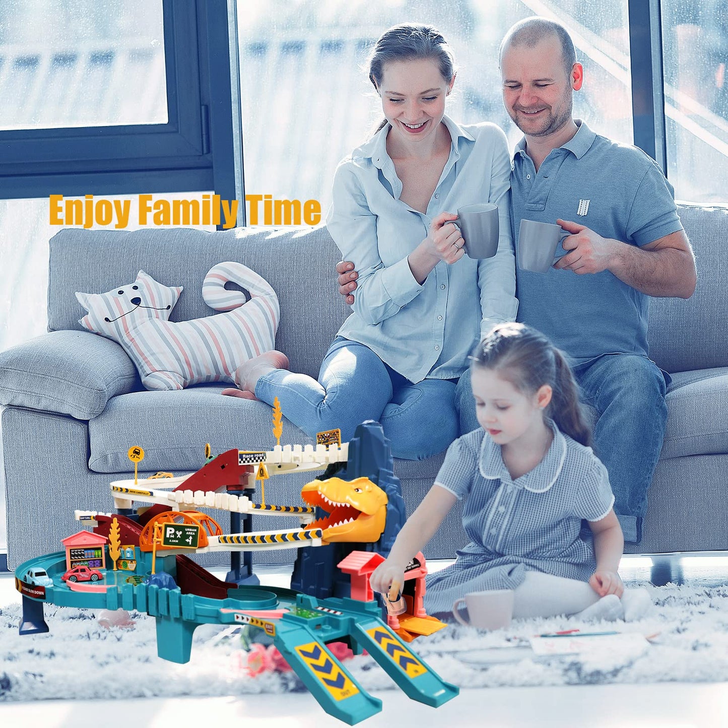Dinosaur Hill Toy Car Ramp Track Playset with 12 Mini Racer Cars, Colorful Rails & Climbing Hills for Kids Ages 3+