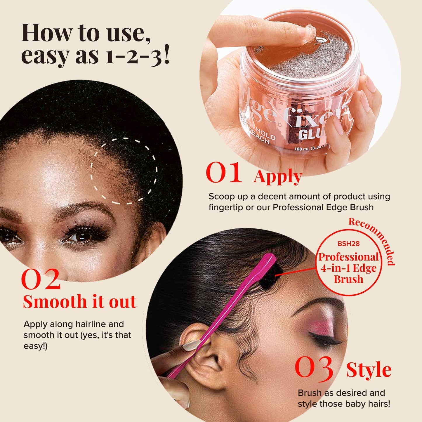 KISS COLORS & CARE Maximum Hold Edge Fixer, Non-Greasy Gel Formula Infused With Biotin B7, 24 Hour Hold, ‘Sweet Peach’ Scented, 3.38 Fl. Oz. (100 ml)