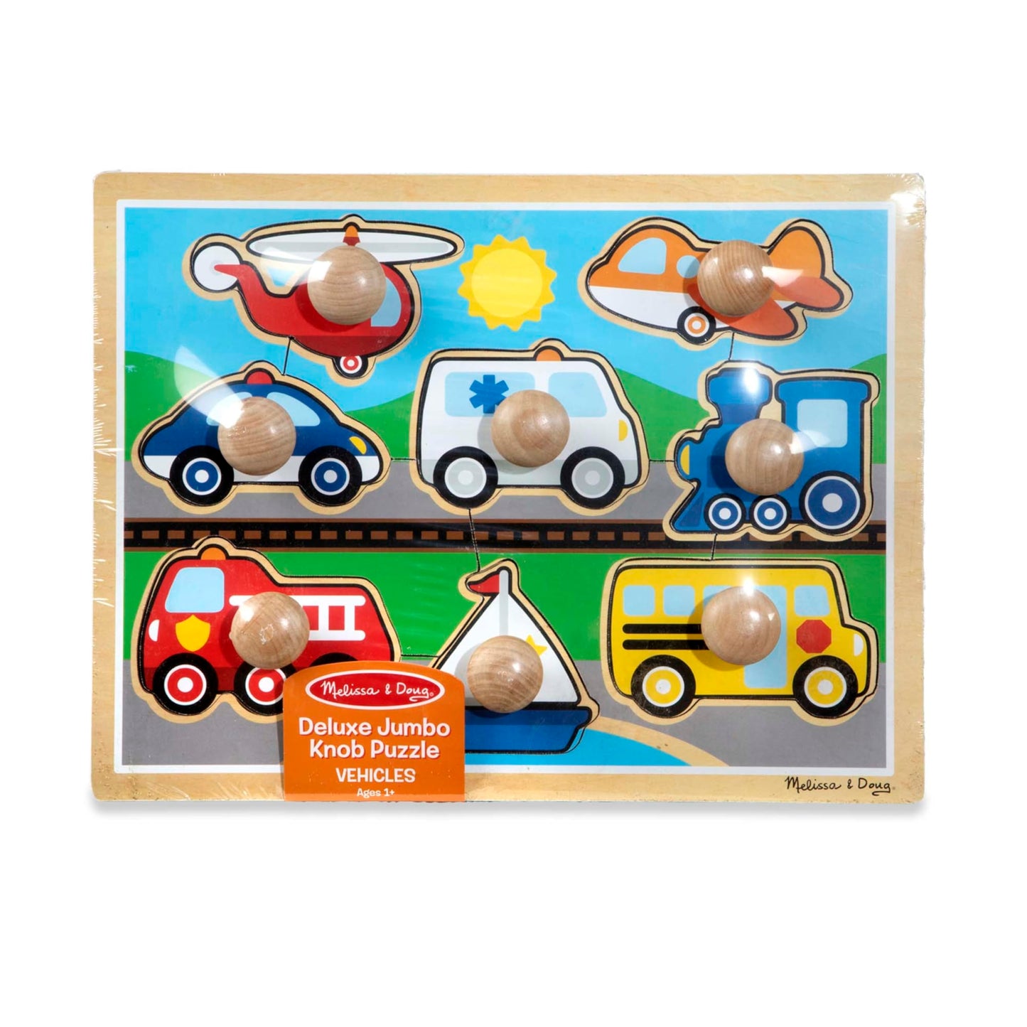 Melissa & Doug Vehicle Jumbo Knob Puzzle, Wooden Peg Puzzle for Toddlers, Educational Toy for Shape Recognition and Fine Motor Skills, Ages 1+