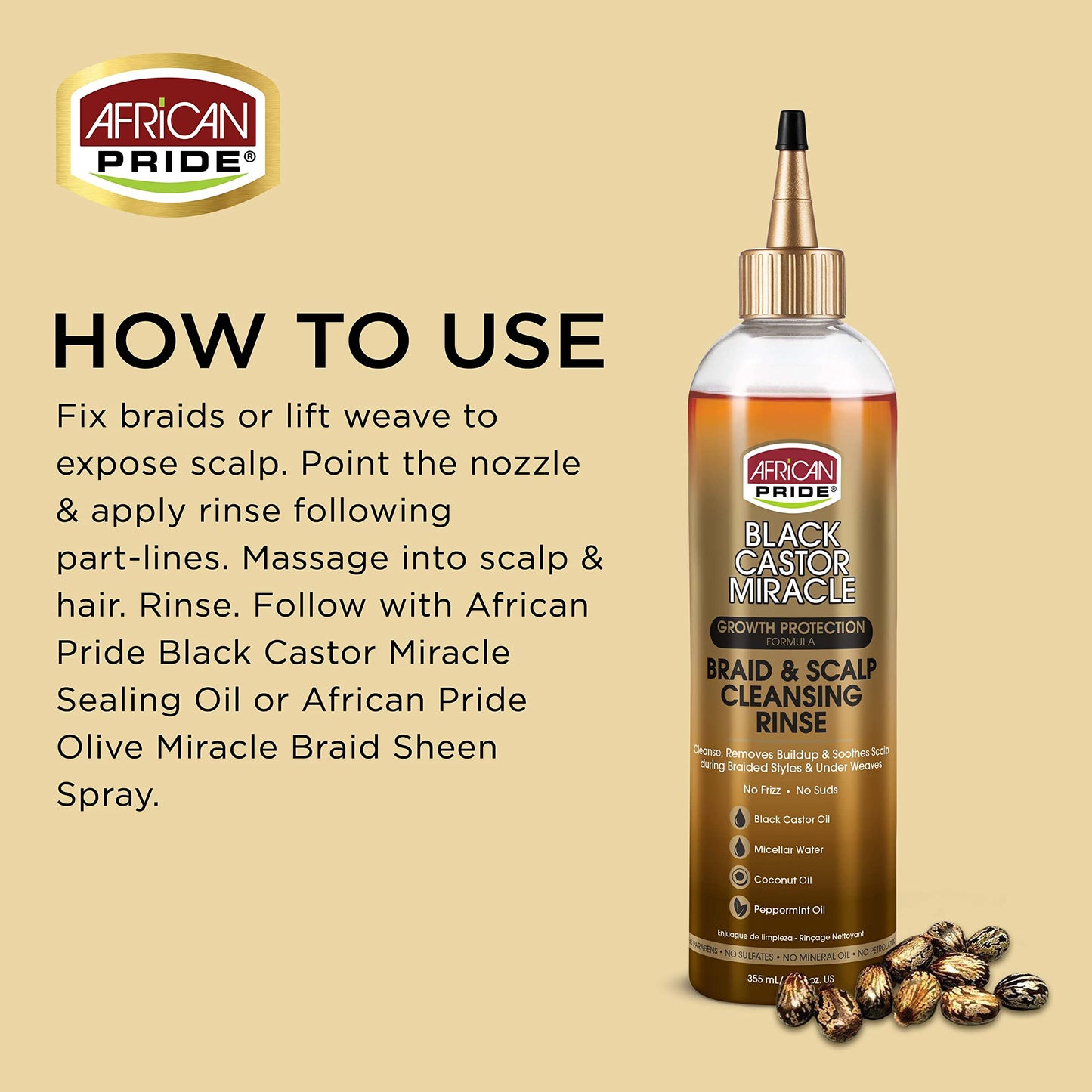African Pride Black Castor Miracle Braid & Scalp Cleansing Rinse | Removes Build-Up, Soothes Scalp, No Frizz | With Castor, Coconut & Peppermint Oils, 12 oz