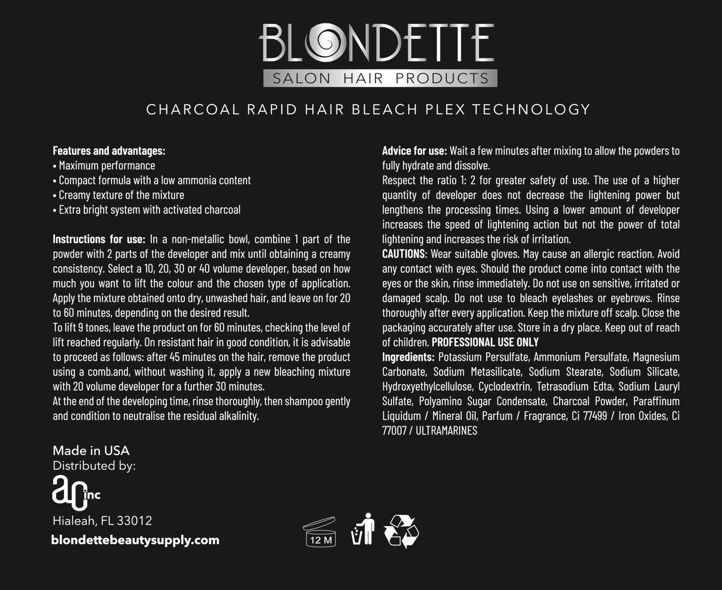 Professional Blondette Charcoal Bleach with PLEX Technology | Lifts Up to 9 Tones | Rapid Hair Lightener 460g | Made in Italy + Measuring Spoon