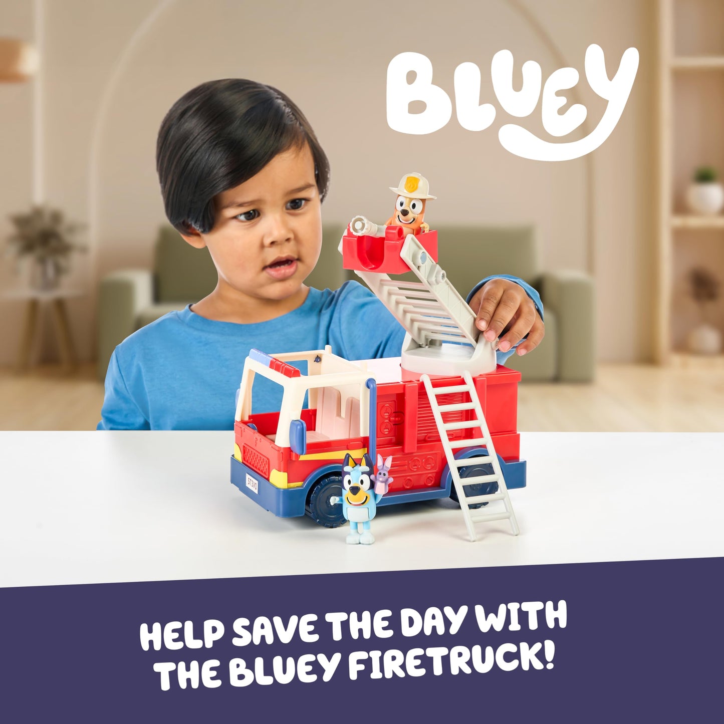 Bluey Firetruck Toy with Firefighter Bingo, Bob Bilby Figures | Extendable Ladder & Hose | Includes Stickers - Perfect for Kids Ages 3+