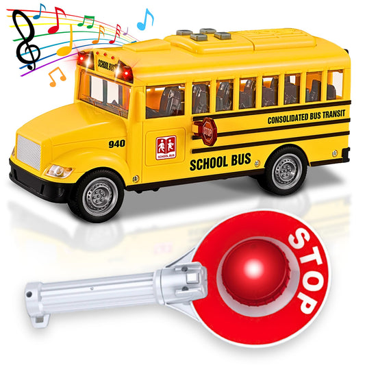 PlenPLAY Yellow School Bus Toy 1:12 Scale – Friction Powered with Lights, Sounds, Opening Doors & Stop Sign, Toddler Preschool Gift
