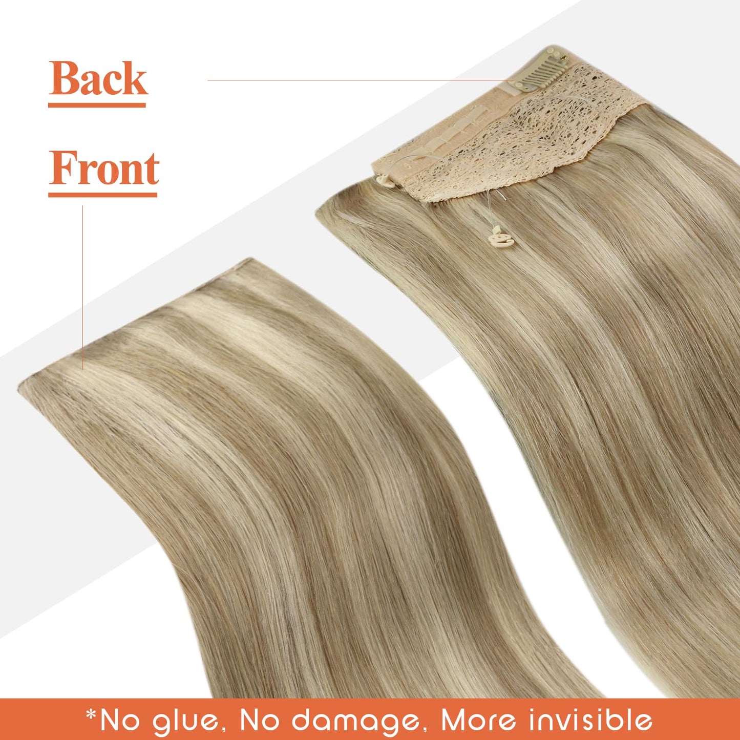 Sunny Hair Invisible Wire Human Hair Extensions – Real Fish Line Extensions Golden Blonde with Medium Blonde Highlights #16/22, 18 Inch