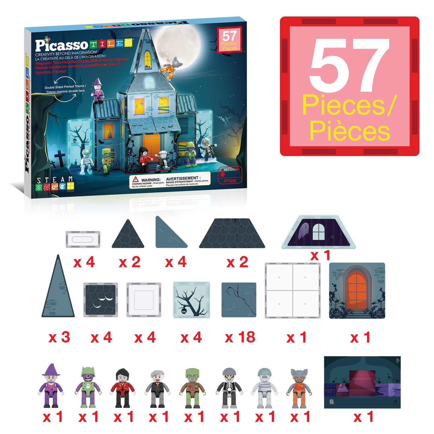 PicassoTiles Haunted House Magnetic Building Set with 8 Figures, Double-Sided Tiles, STEM Learning Toy for Kids 3+, Halloween Playset