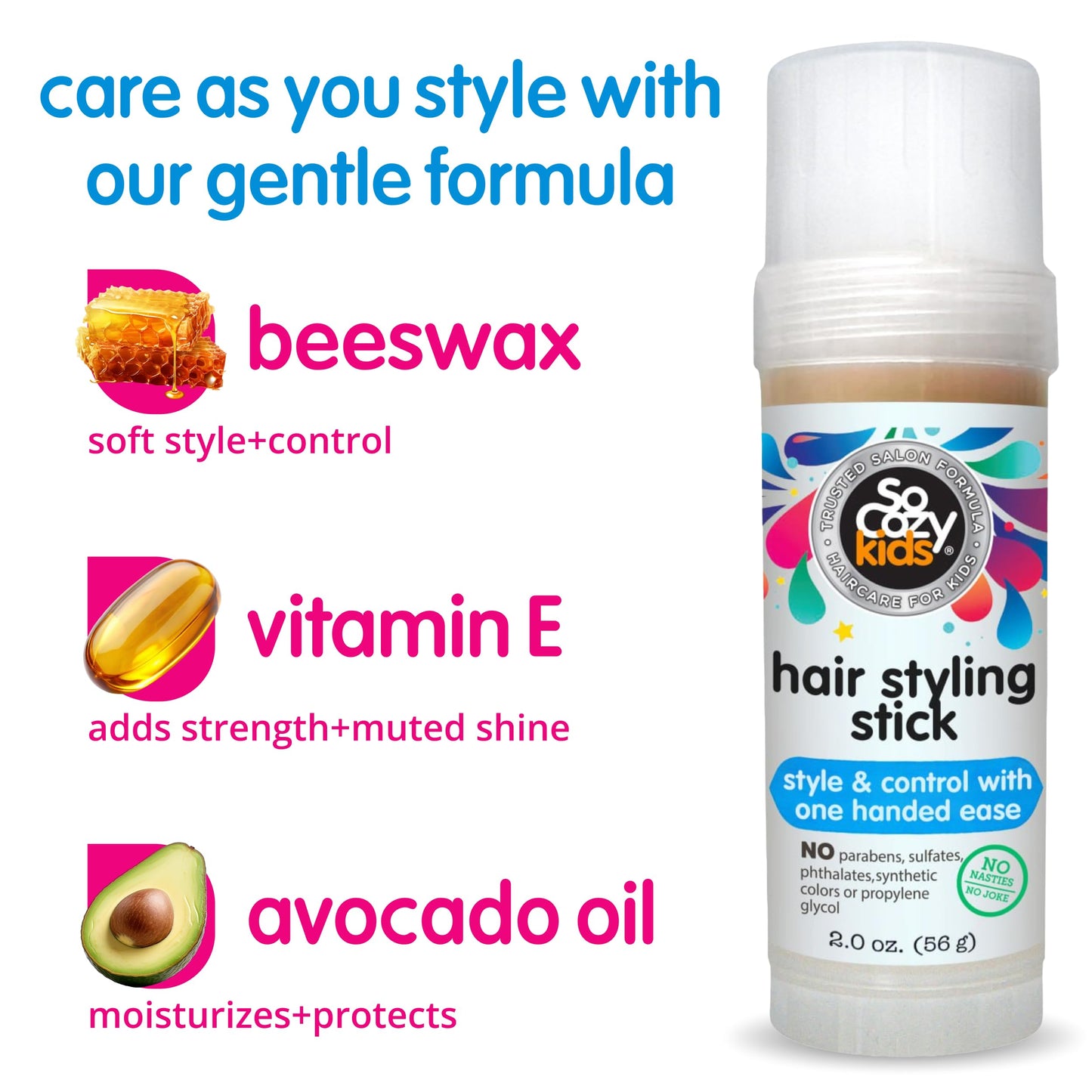 So Cozy Kids Hair Wax Stick (2 Oz) – Easy Styling & Flyaway Tamer, Slick Back & Shape with Precision, No Parabens, Sulfates or Dyes