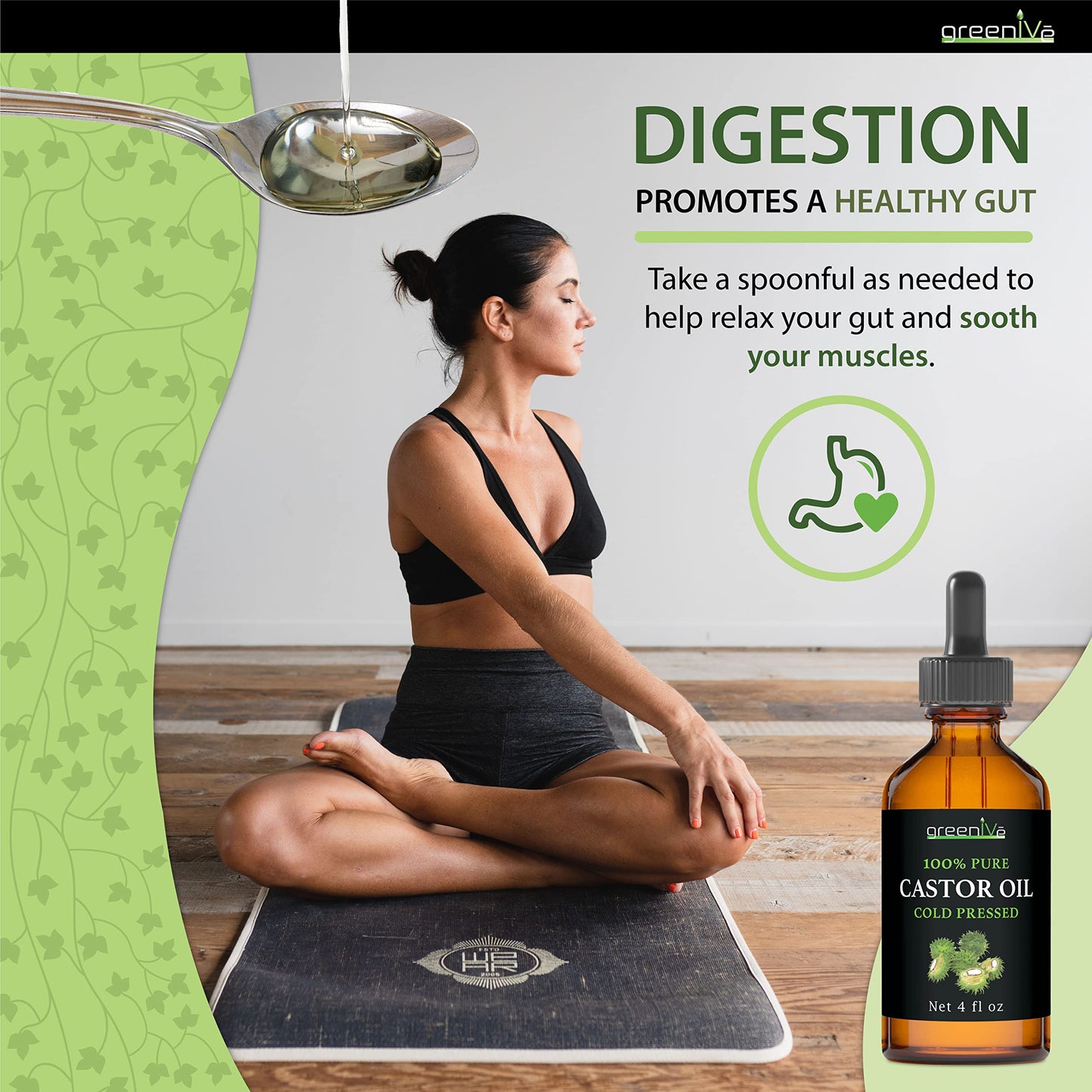 GreenIVe Castor Oil 100% Pure 4 fl oz Bottle Cold Pressed, Hexane Free, Eyelash and Eyebrow Growth Serum, Skin Moisturizer Detox and Wraps