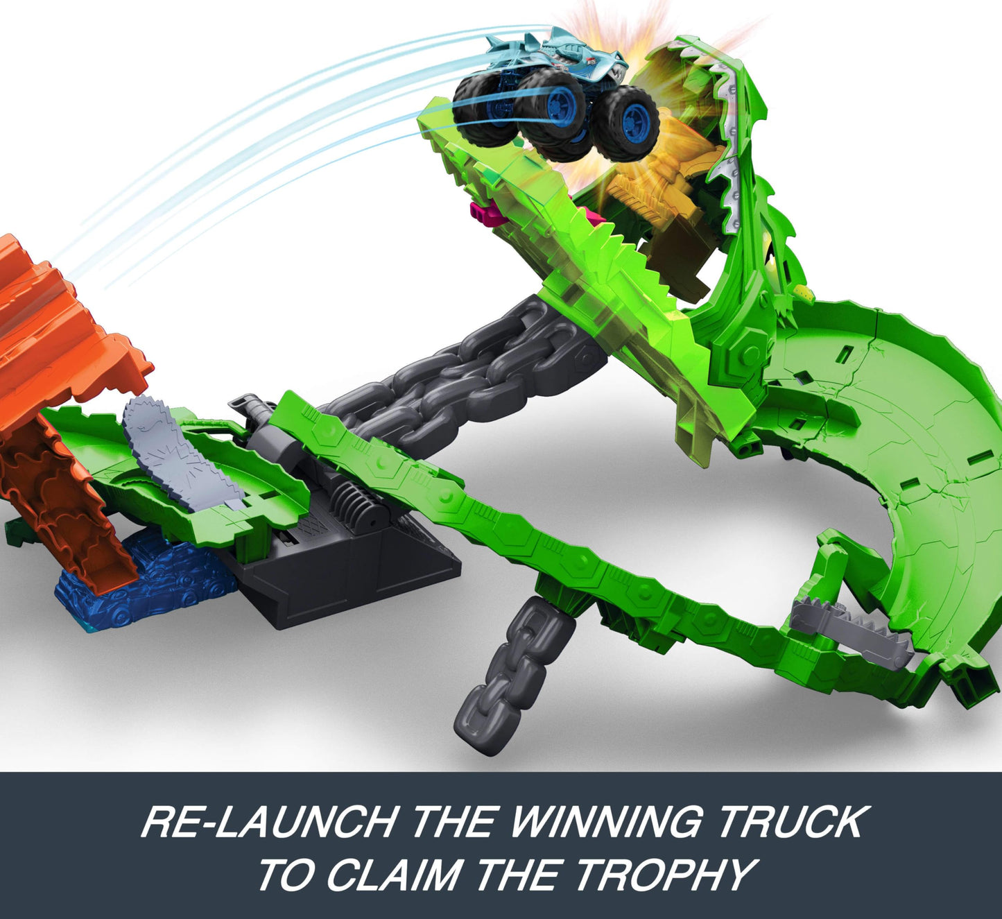 Hot Wheels Toy Monster Trucks, Sharks vs. Dinos Dragon Destruction Playset with 1:64 Scale Great Bite & Rageasaur, Race to Defeat The Cyborg Nemesis