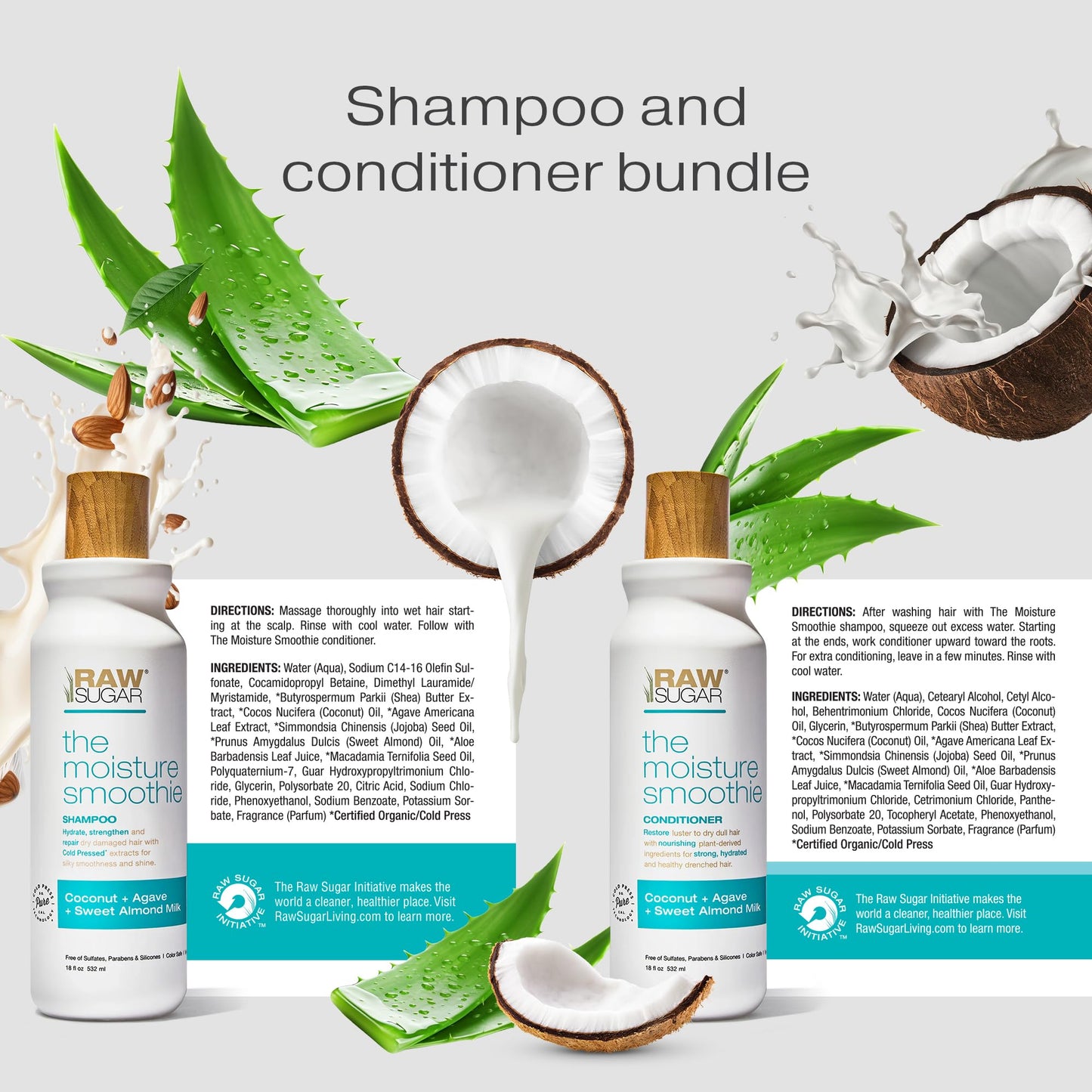 Raw Sugar Moisture Smoothie Shampoo & Conditioner with Coconut Oil, Agave & Sweet Almond Milk | Hydrates & Nourishes Dry Hair | Sulfate-Free