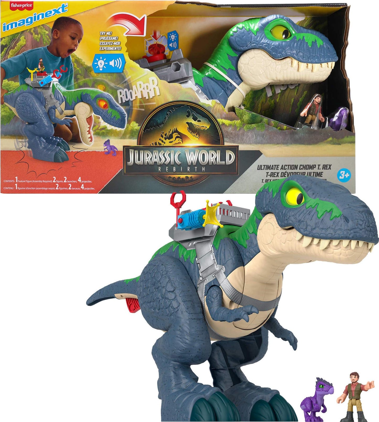 Fisher-Price Imaginext Jurassic World Rebirth T. Rex Dinosaur Playset, 18" Dino Toy with Lights, Sounds, Motion & 2 Action Figures