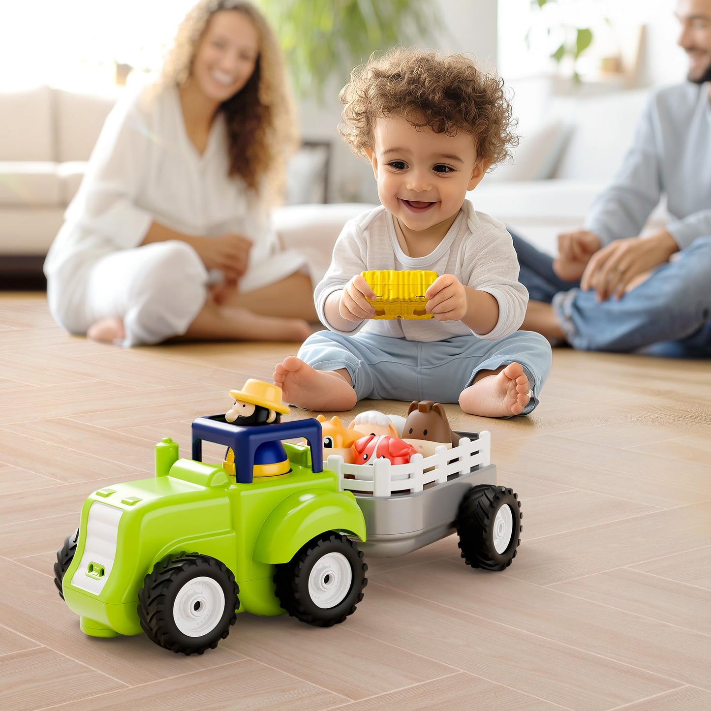 iPlay, iLearn Baby Farm Tractor Toy – Remote Control Truck with Music & Animal Trailer, Fun RC Toy for 18M-4 Year Old Boys & Girls, Easter Birthday Gift