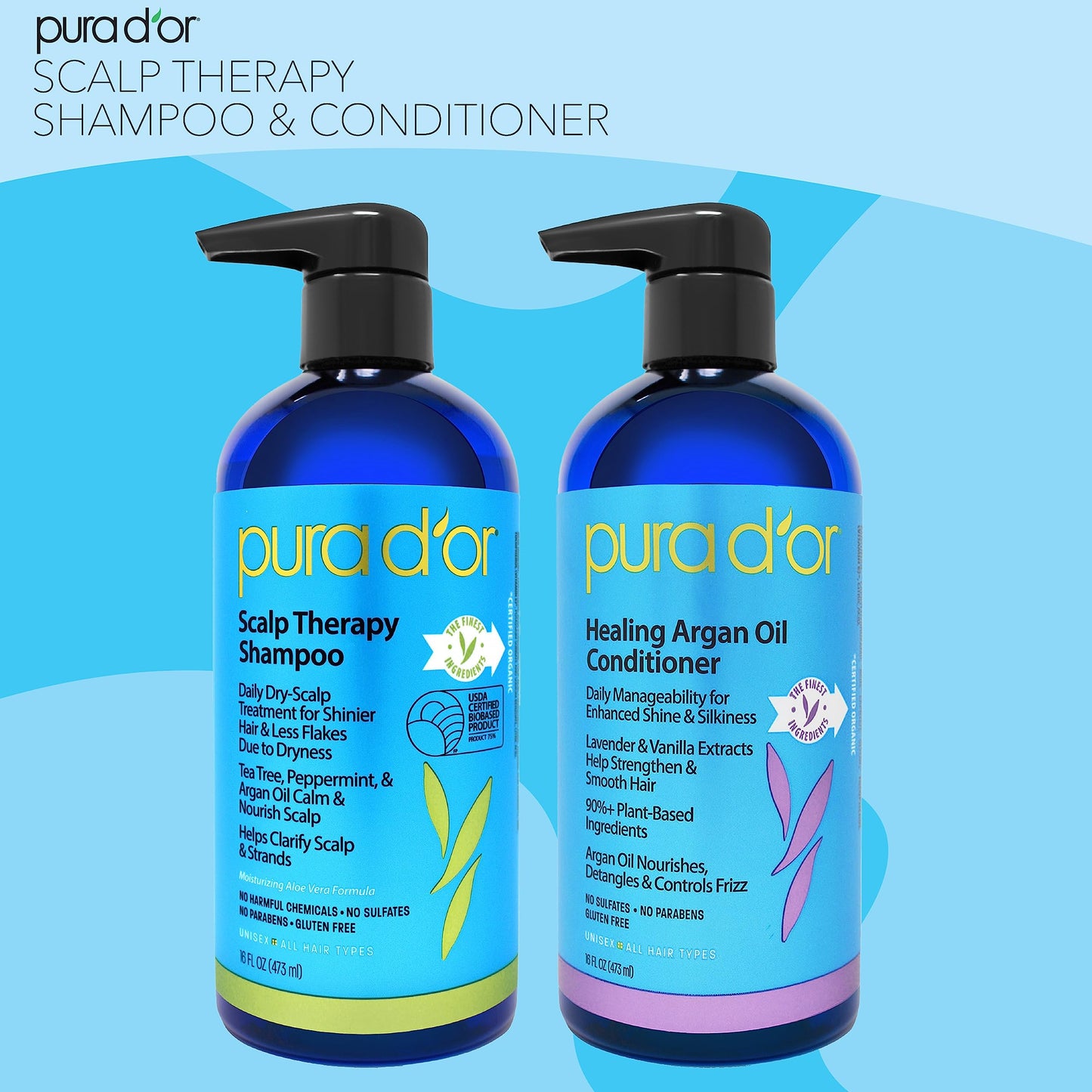 PURA D'OR Scalp Therapy Shampoo & Conditioner Set - Tea Tree, Peppermint, Argan Oil & Biotin - Hydrates, Soothes & Nourishes Dry, Itchy Scalp, 16oz x 2