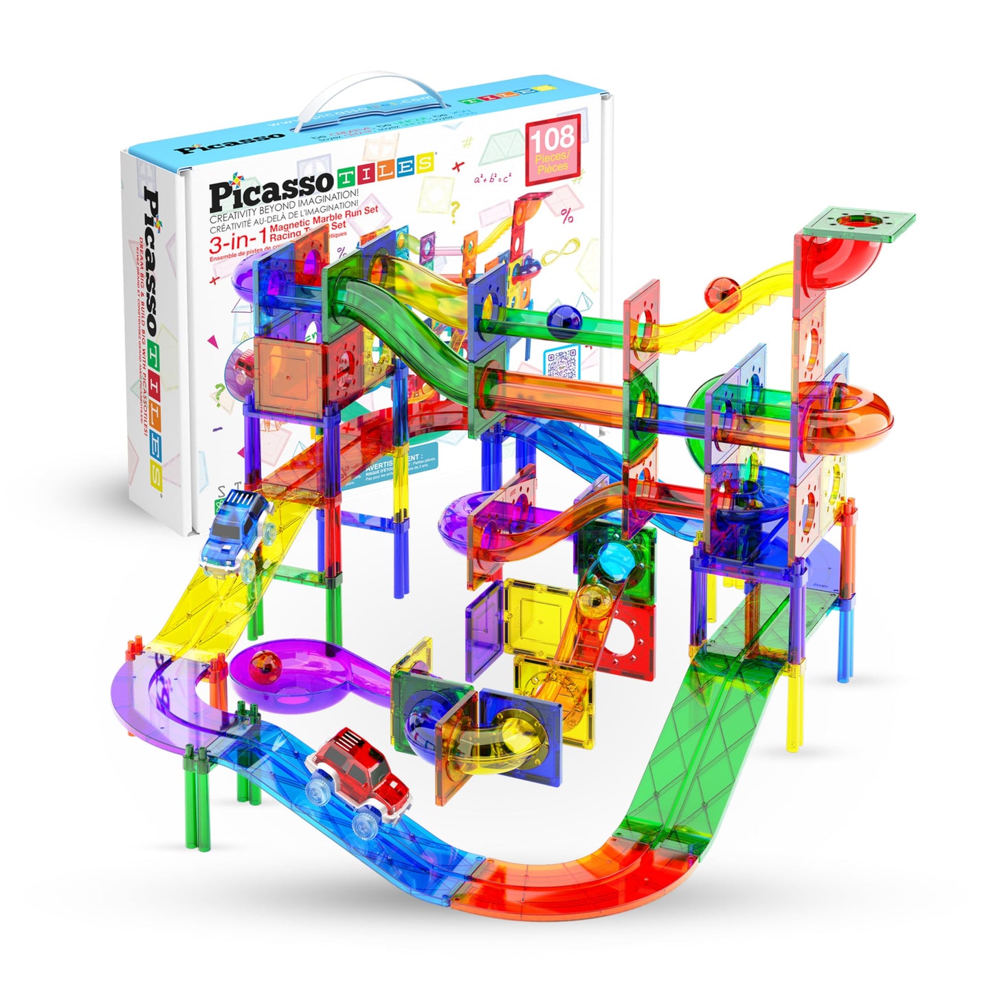 PicassoTiles 108pc 3-in-1 Marble Run & Car Track Magnetic Building Blocks STEM Toy Set for Kids, Brain Development & Educational Play