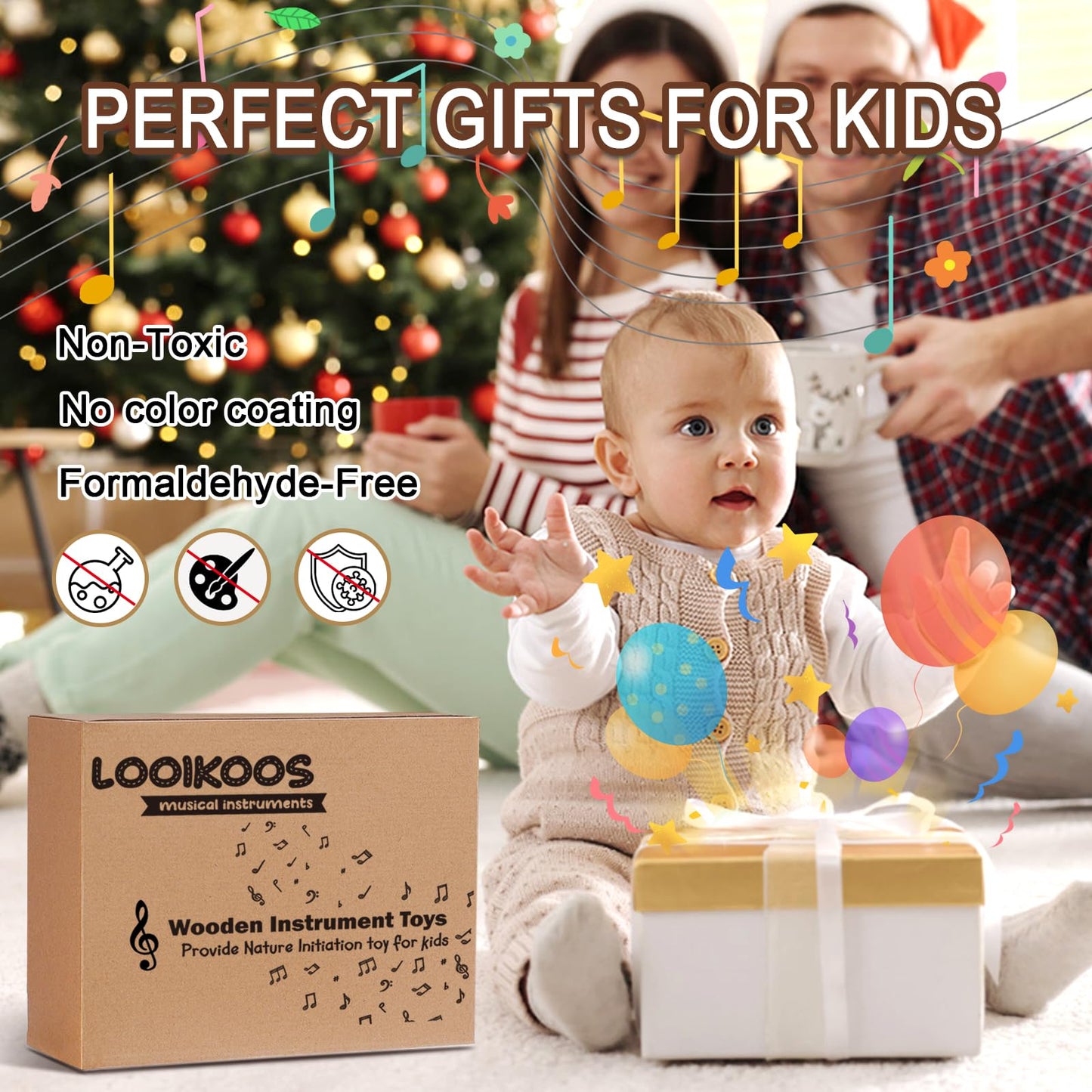 LOOIKOOS Montessori Wooden Musical Instruments for Toddlers – Educational Percussion Toy Set with Storage Bag for Kids