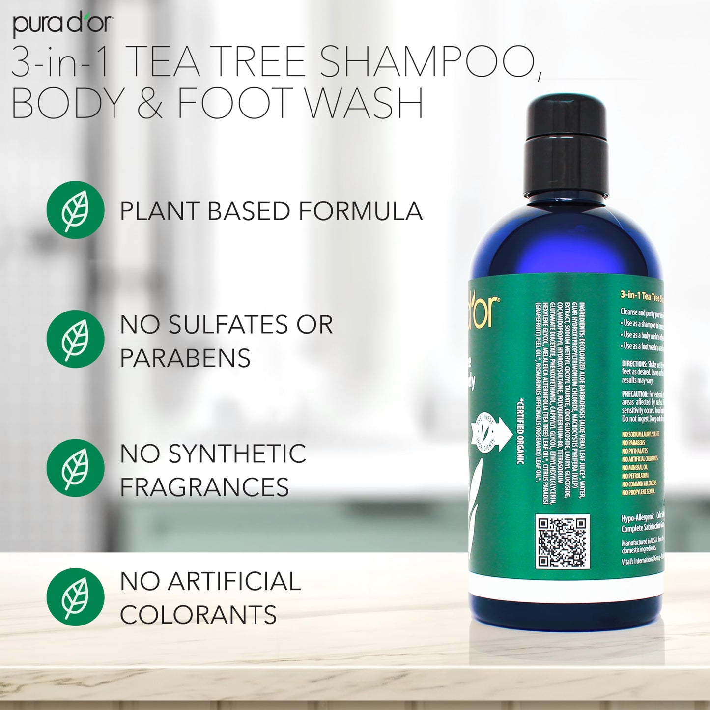 PURA D'OR 3-in-1 Tea Tree Shampoo, Body & Foot Wash – Cleansing & Refreshing Total Body Care for Odor Control, Post-Workout & Daily Hygiene, 16 Oz