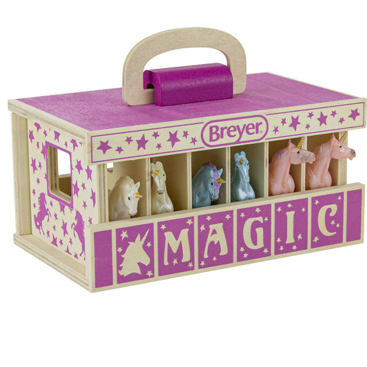 Breyer Unicorn Magic Wooden Carry Stable Playset with 6 Hand-Painted Unicorns – Toys & Gifts for Girls Ages 4–8