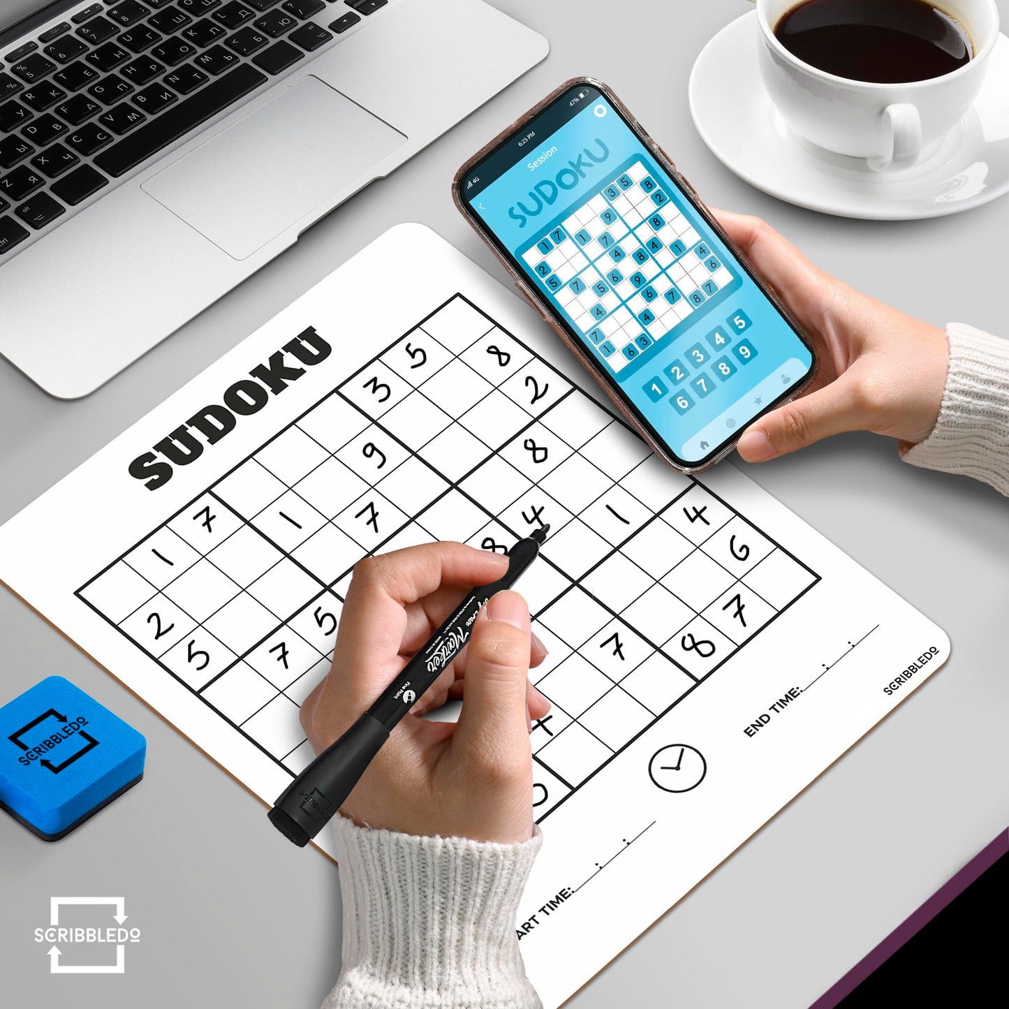 SCRIBBLEDO Dry Erase Sudoku for Kids Sudoku Puzzles for Adults All Ages 9”x12” White Board Easy Hard Sudoku Math Educational Game Whiteboard