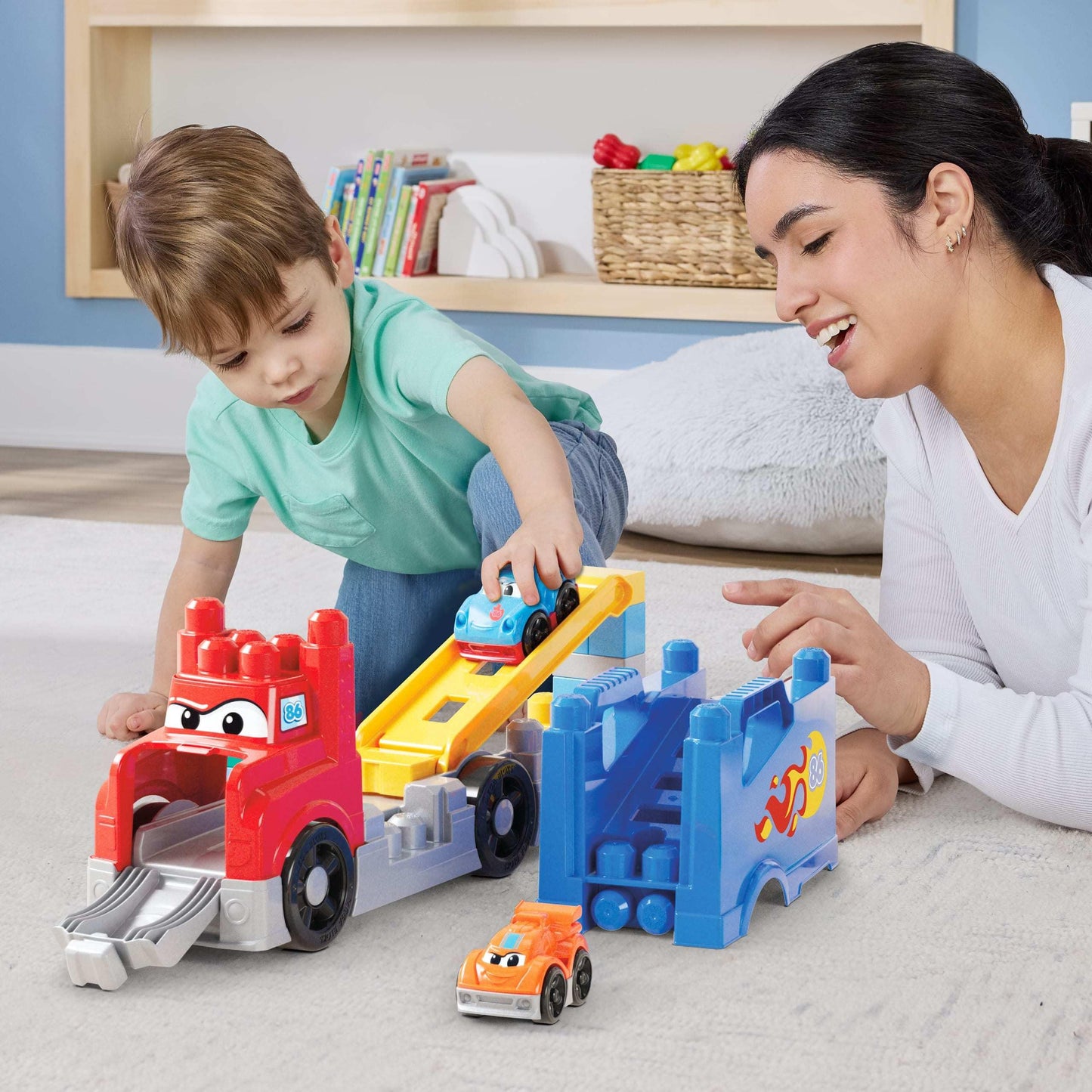MEGA BLOKS First Builders Toddler Building Blocks Toy Set, Build & Race Rig with 19 Pieces, 2 Race Cars and Storage, Red, Ages 1+ Years
