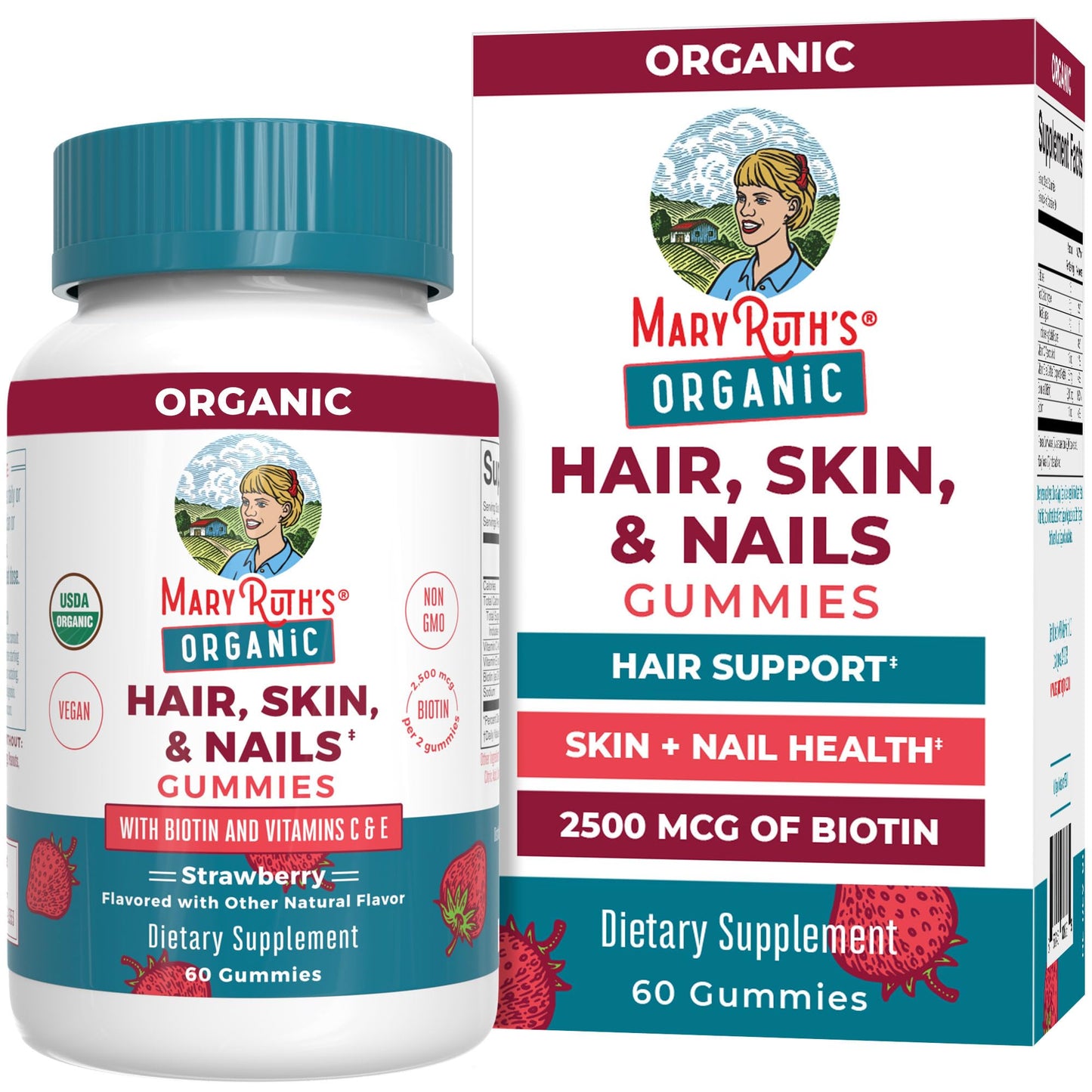 MaryRuth’s Organic Hair, Skin & Nail Gummies | 2500 mcg Biotin with Vitamins C & E | Supports Hair Growth, Glowing Skin & Strong Nails | 60 Ct