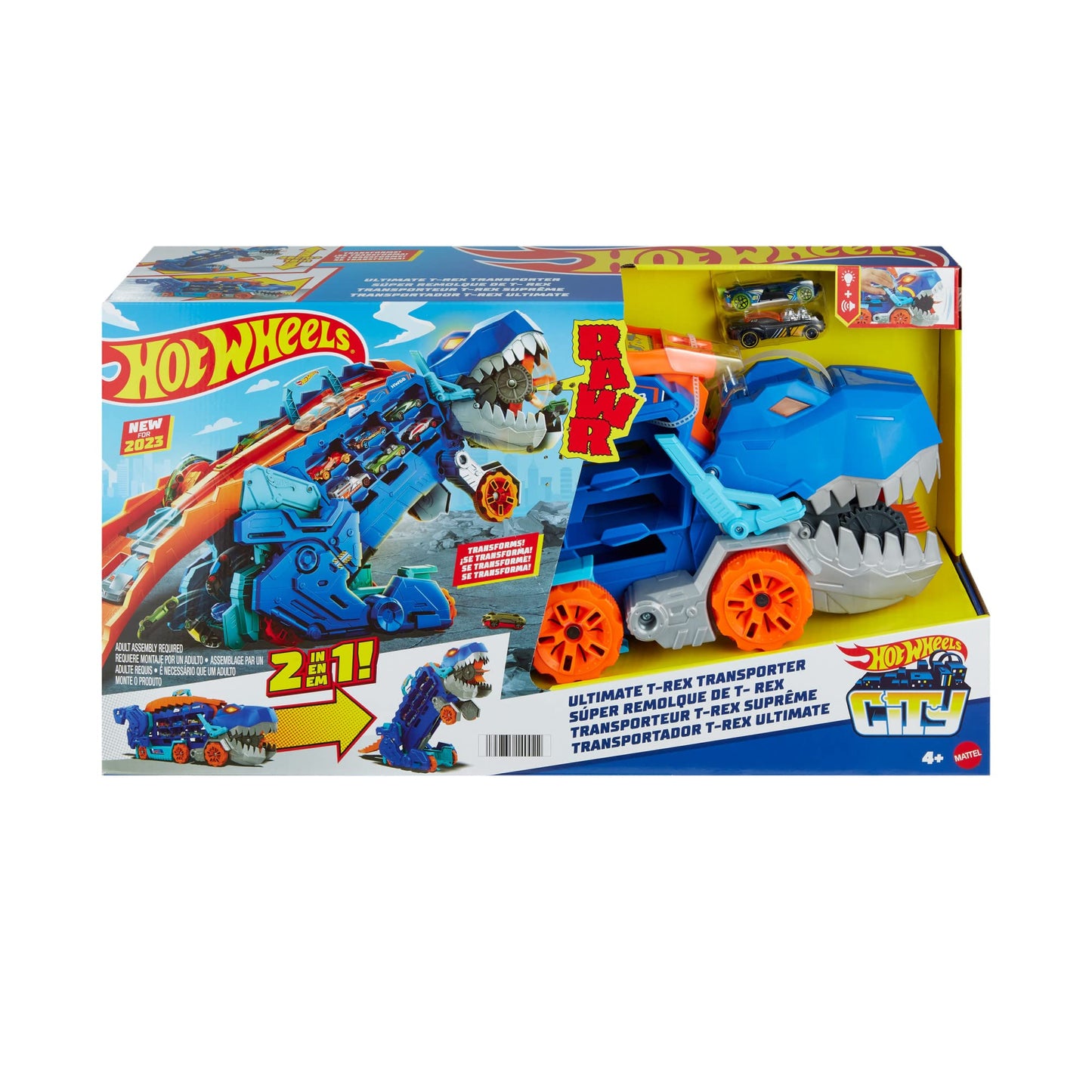 Hot Wheels City Toy Car Track Set, Ultimate T-Rex Transporter, Hauler Transforms into Stomping Dino with Race Track, from Netflix Series “Let’s Race”