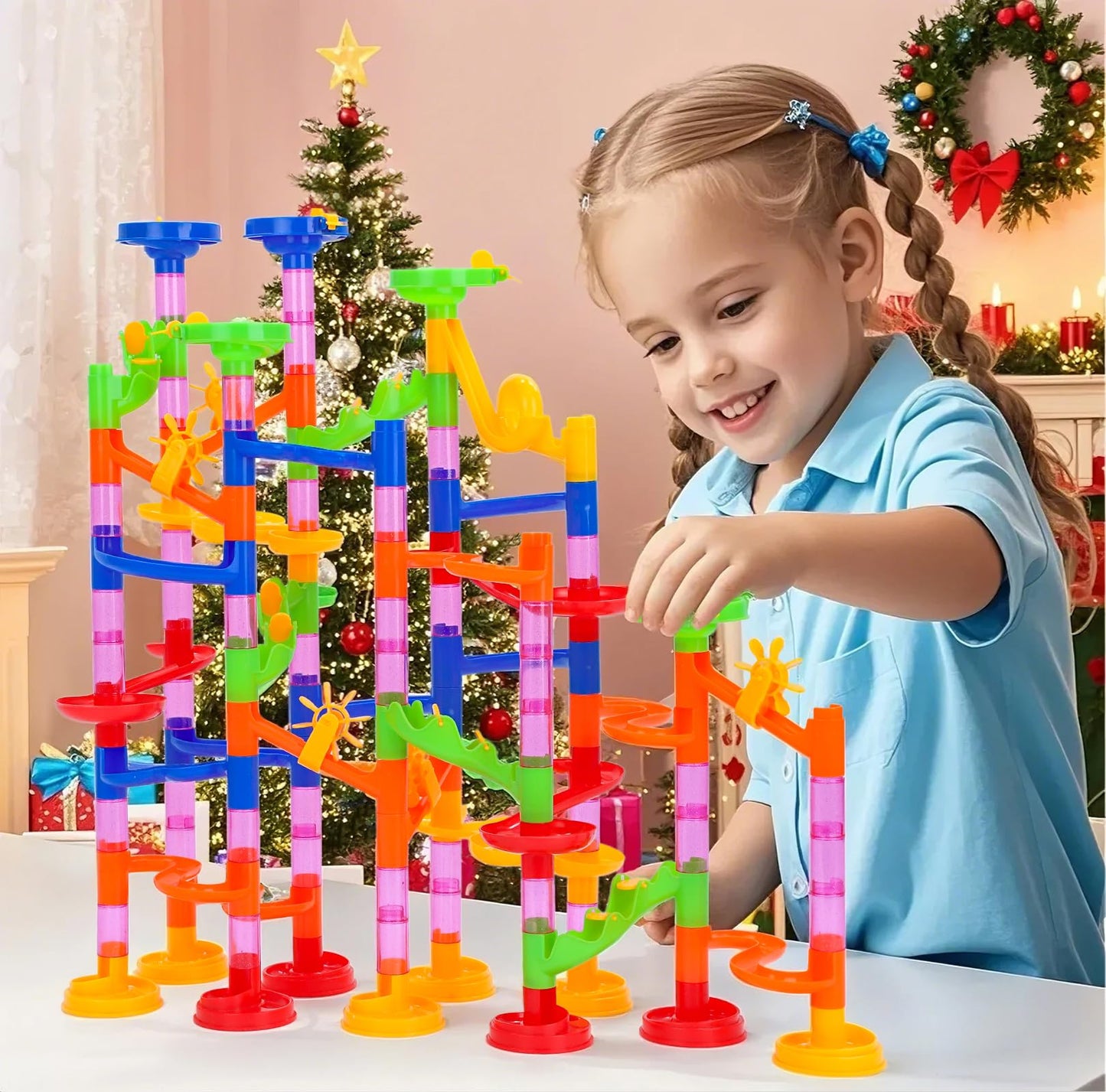 Gifts2U Marble Run Toy, 130Pcs Educational Construction Maze Block Toy Set with Glass Marbles for Kids and Parent-Child Game